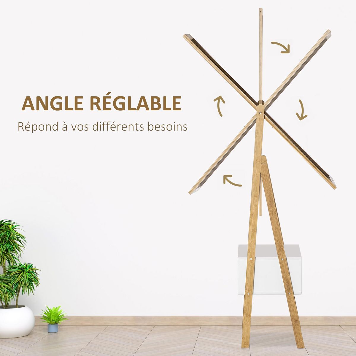 HOMCOM Miroir sur pied avec rangement tiroir en bambou et MDF - dim. 45L x 30l x 160H cm - blanc et naturel