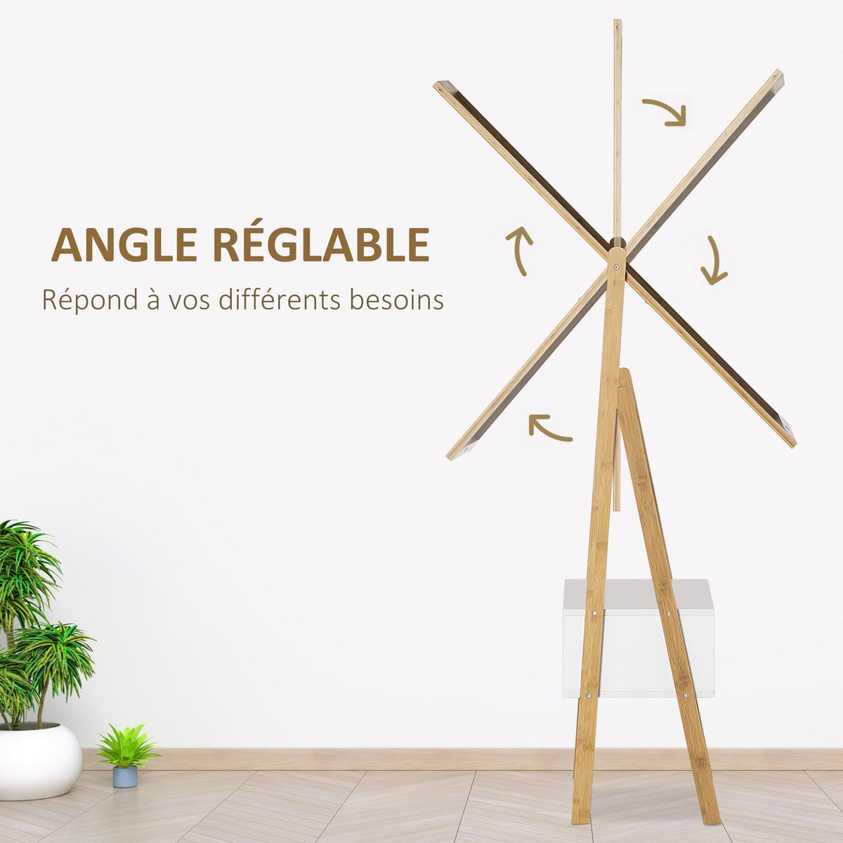 HOMCOM Miroir sur pied avec rangement tiroir en bambou et MDF - dim. 45L x 30l x 160H cm - blanc et naturel