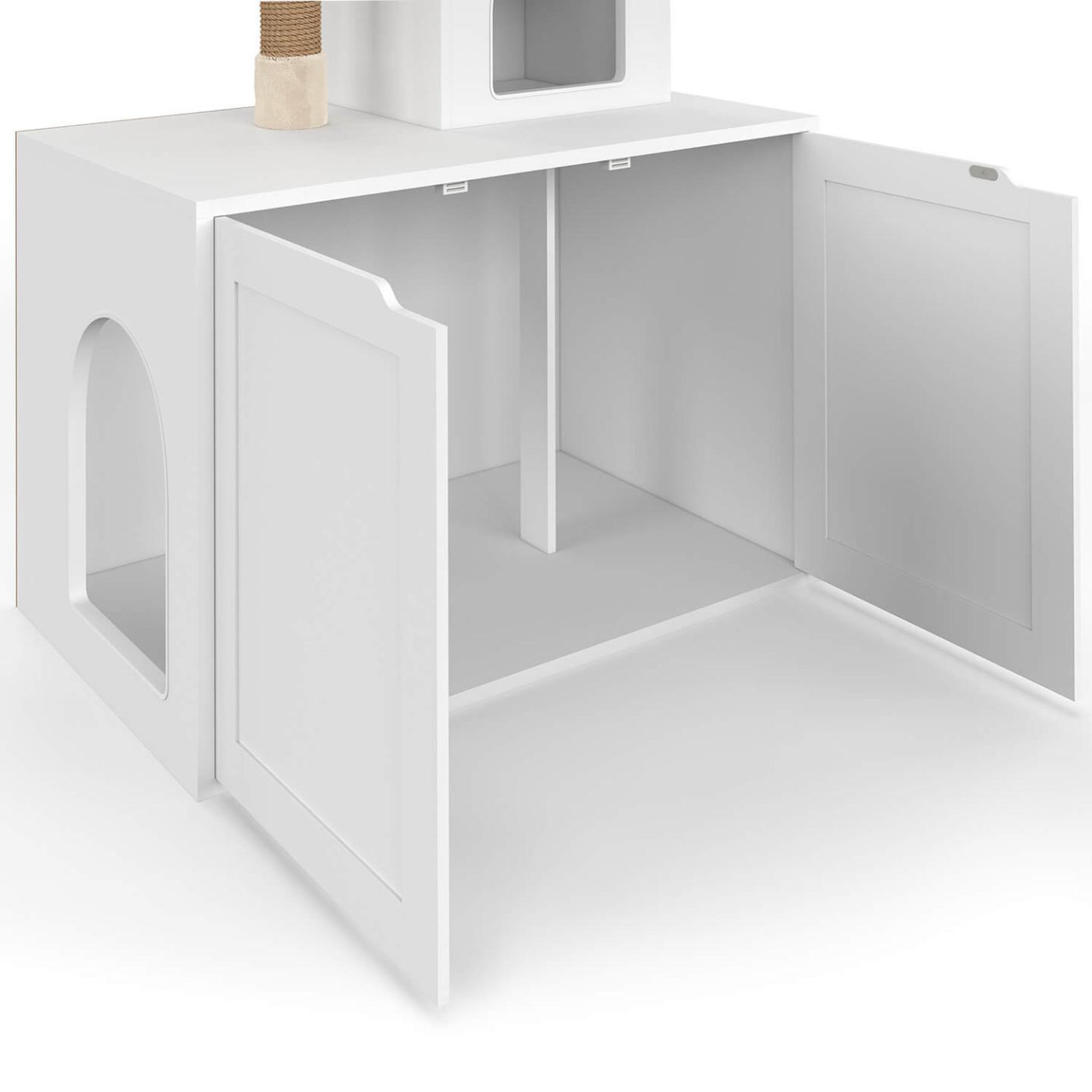 Voir la diapositive 6 : ID MARKET Maison de toilette pour chat avec arbre à chat, cache-litière 2 portes, niche et plateforme en bois blanc