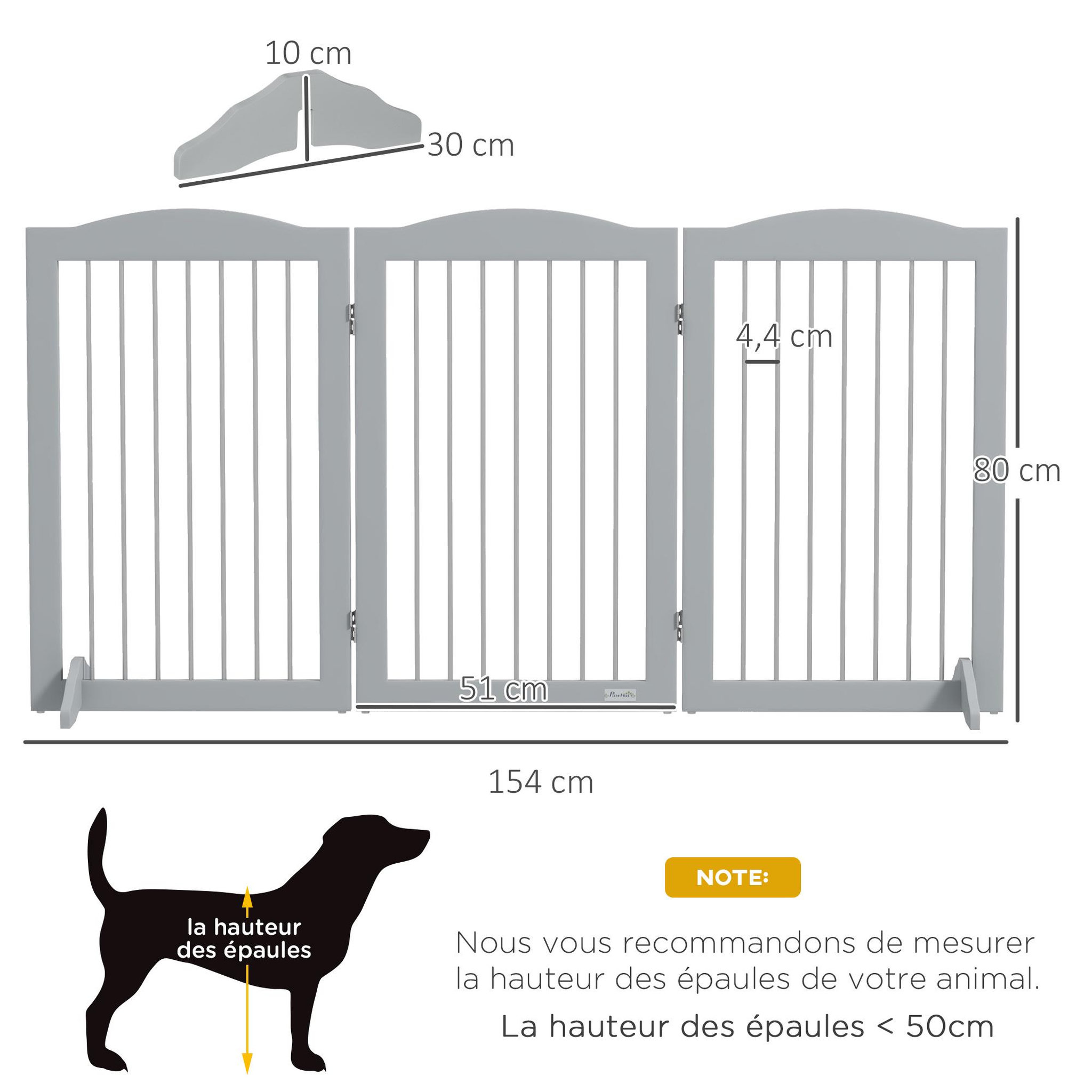Voir la diapositive 3 : PAWHUT Barrière de sécurité chien pliable 3 plaques 2 pieds de soutien h.80 cm gris
