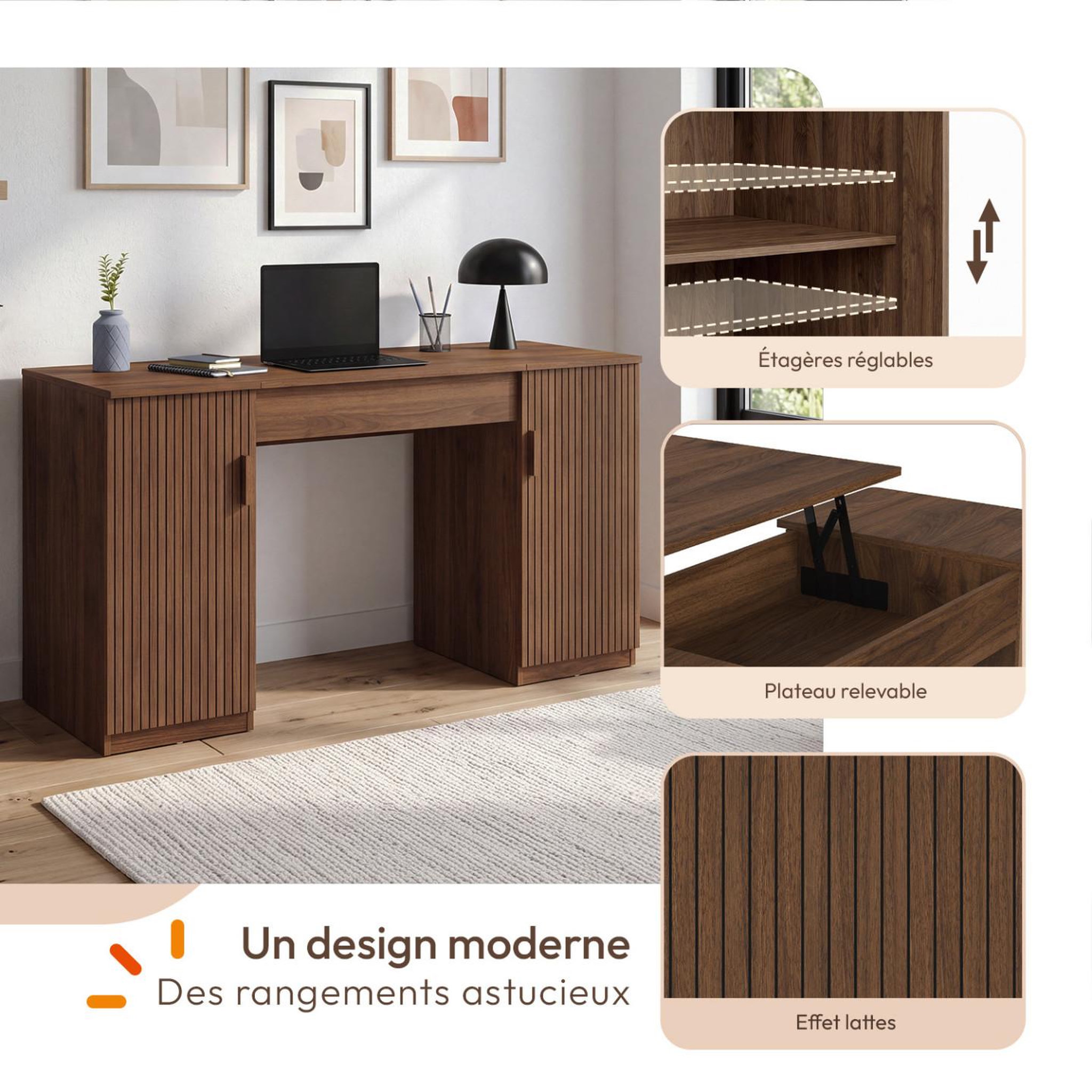 Voir la diapositive 3 : ID MARKET Bureau plateau relevable 140x50 cm JULIETTE 2 portes lattes tasseau bois effet noyer