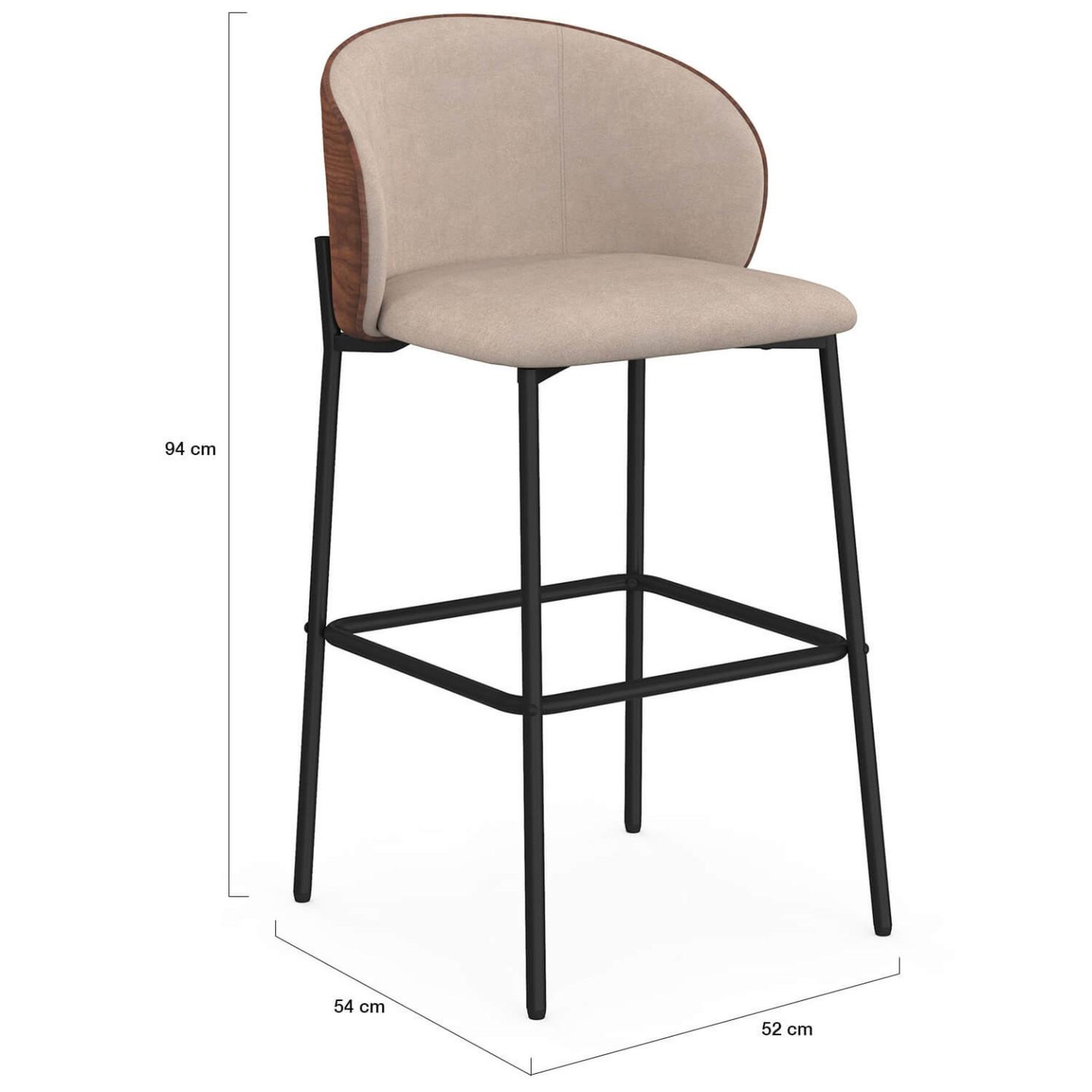 Voir la diapositive 5 : ID MARKET Lot de 4 tabourets de bar PENNY en tissu taupe, dossier effet noyer et pieds en métal noir