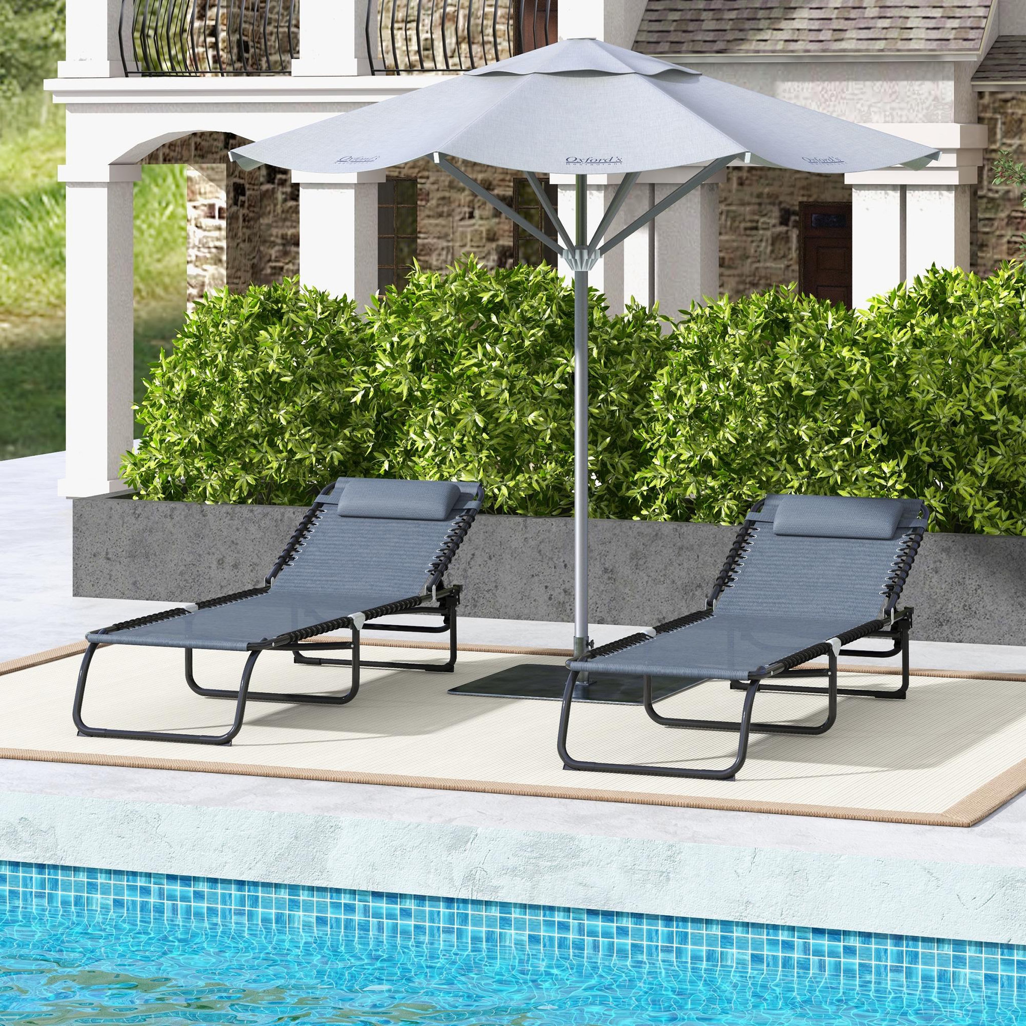 Voir la diapositive 4 : OUTSUNNY Lot de 2 bains de soleil transats pliables inclinables acier lacets élastiques noir textilène gris