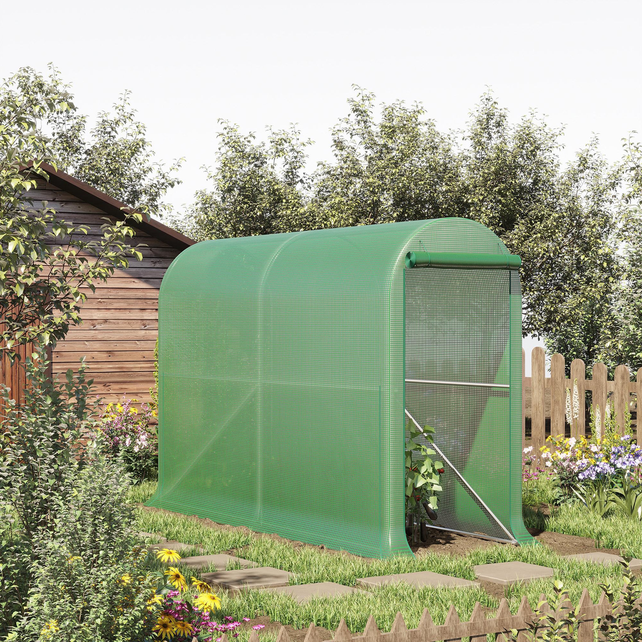 Voir la diapositive 2 : OUTSUNNY Serre de jardin serre à tomates dim. 3L x 1l x 2H m porte zippée déroulante 2 fenêtres latérales enroulables acier PE haute densité vert