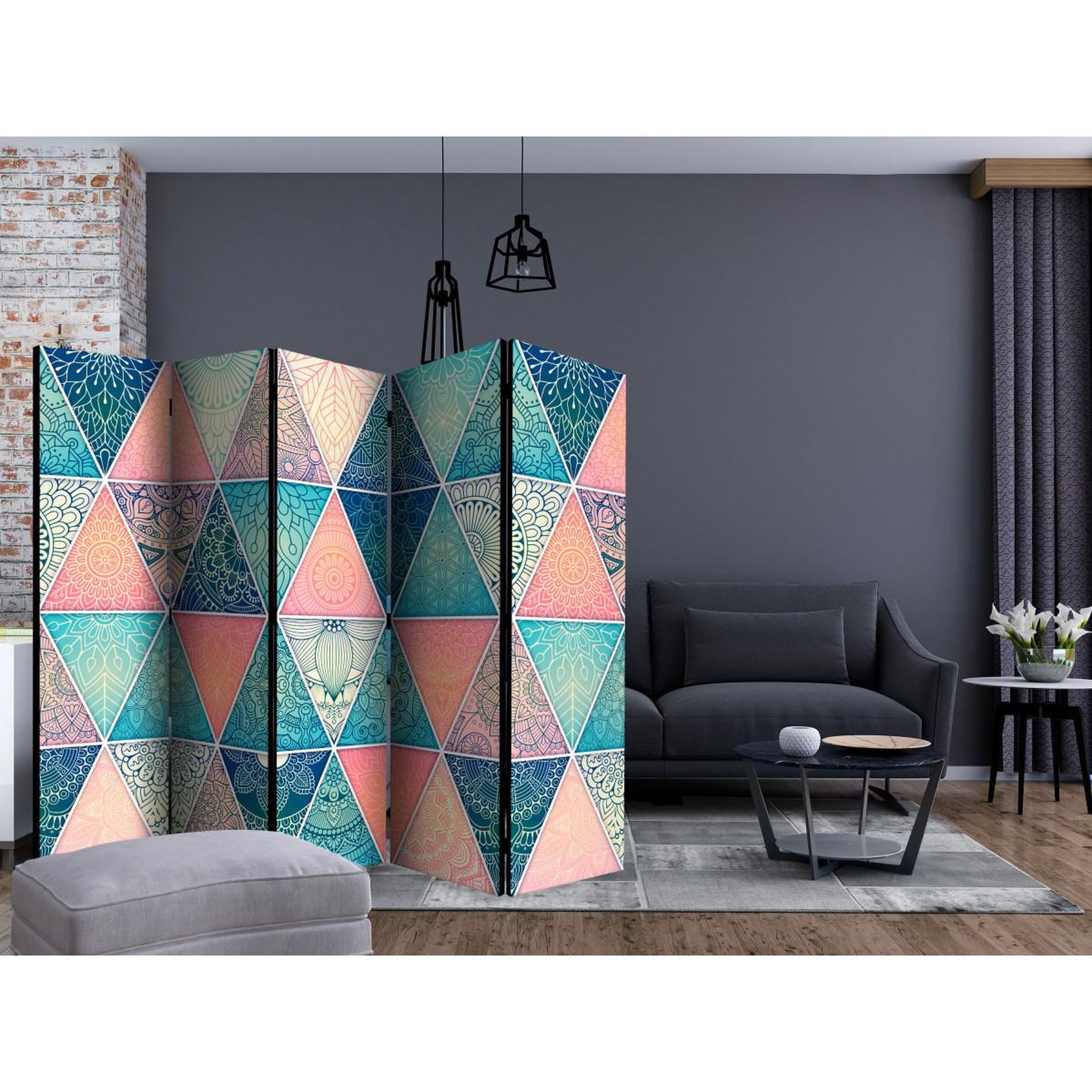 Voir la diapositive 2 : Paris Prix Paravent 5 volets  oriental triangles  172x225cm