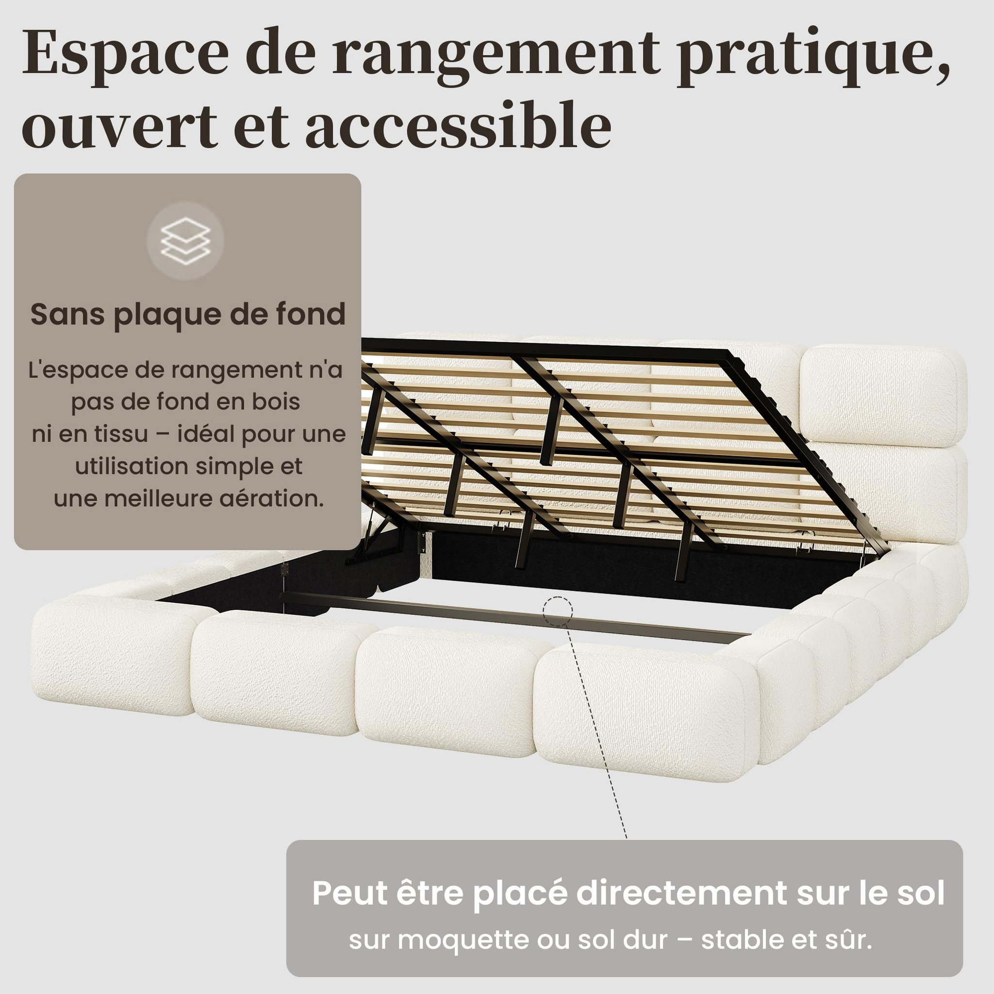 Voir la diapositive 6 : MERAX Lit coffre 200x200 cm double avec sommier tête de lit capitonnée bouclé blanc
