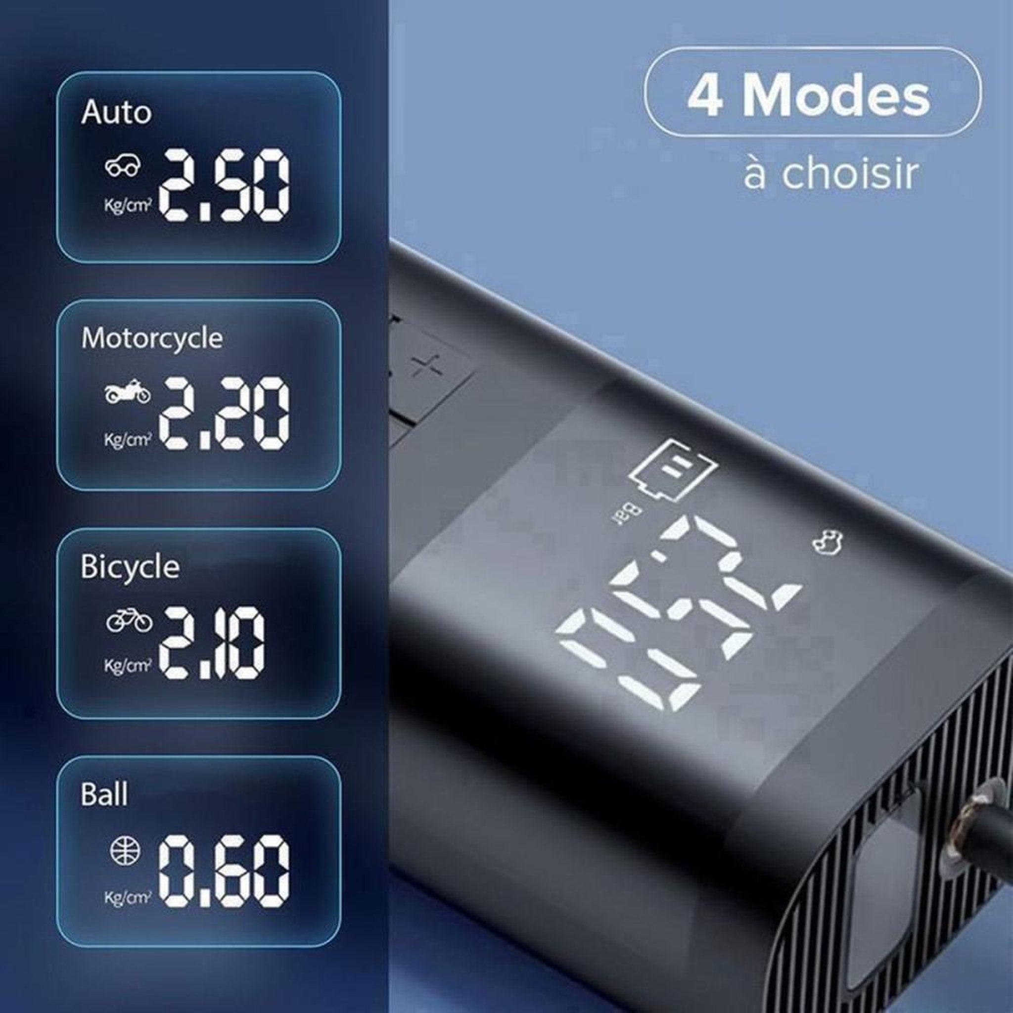Voir la diapositive 5 : Gonfleur de pneus sans fil 150 PSI à écran LCD, 4 modes avec arrêt automatique et lampe LED, pompe électrique rechargeable USB 4000 mAh, valves universelles