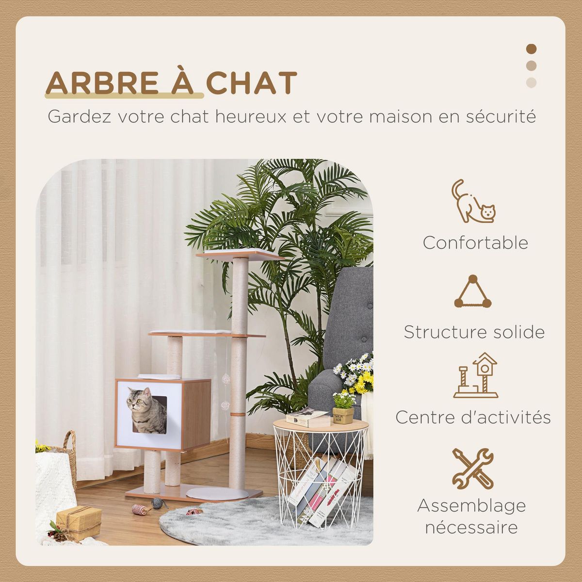 PAWHUT Arbre à chats design contemporain griffoirs grattoirs sisal naturel centre d'activités niche plate-formes jeu boules suspendues 71L x 49l x 120H cm MDF hêtre clair