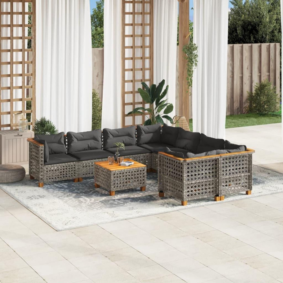 VIDAXL Salon de jardin 9 pcs avec coussins gris resine tressee