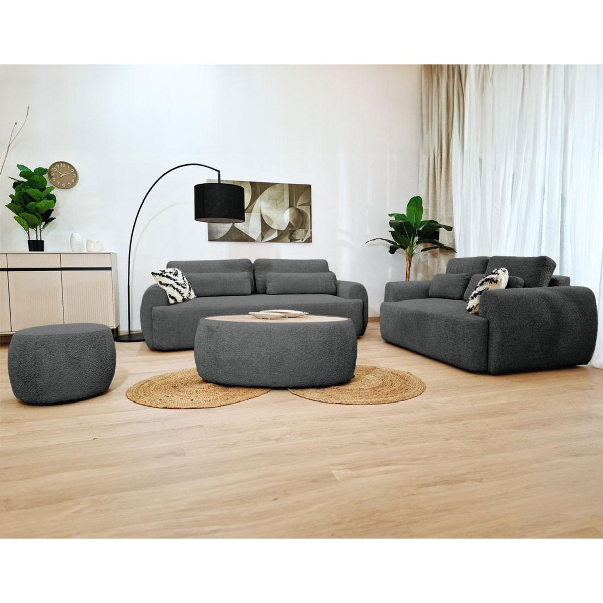 BEST MOBILIER Mahina - table basse ovale - en tissu bouclette et plateau effet bois - 114 cm