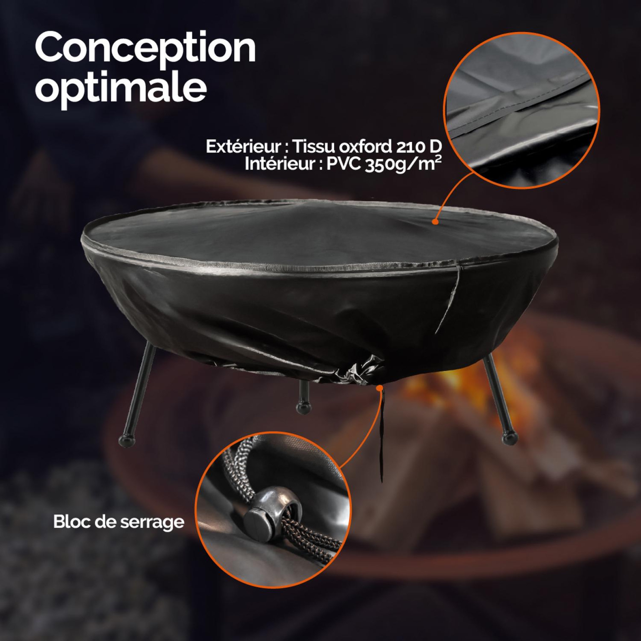 Voir la diapositive 3 : LINXOR Bâche, housse de protection pour brasero - Imperméable - Diam 85 cm x H 40 cm - Noir