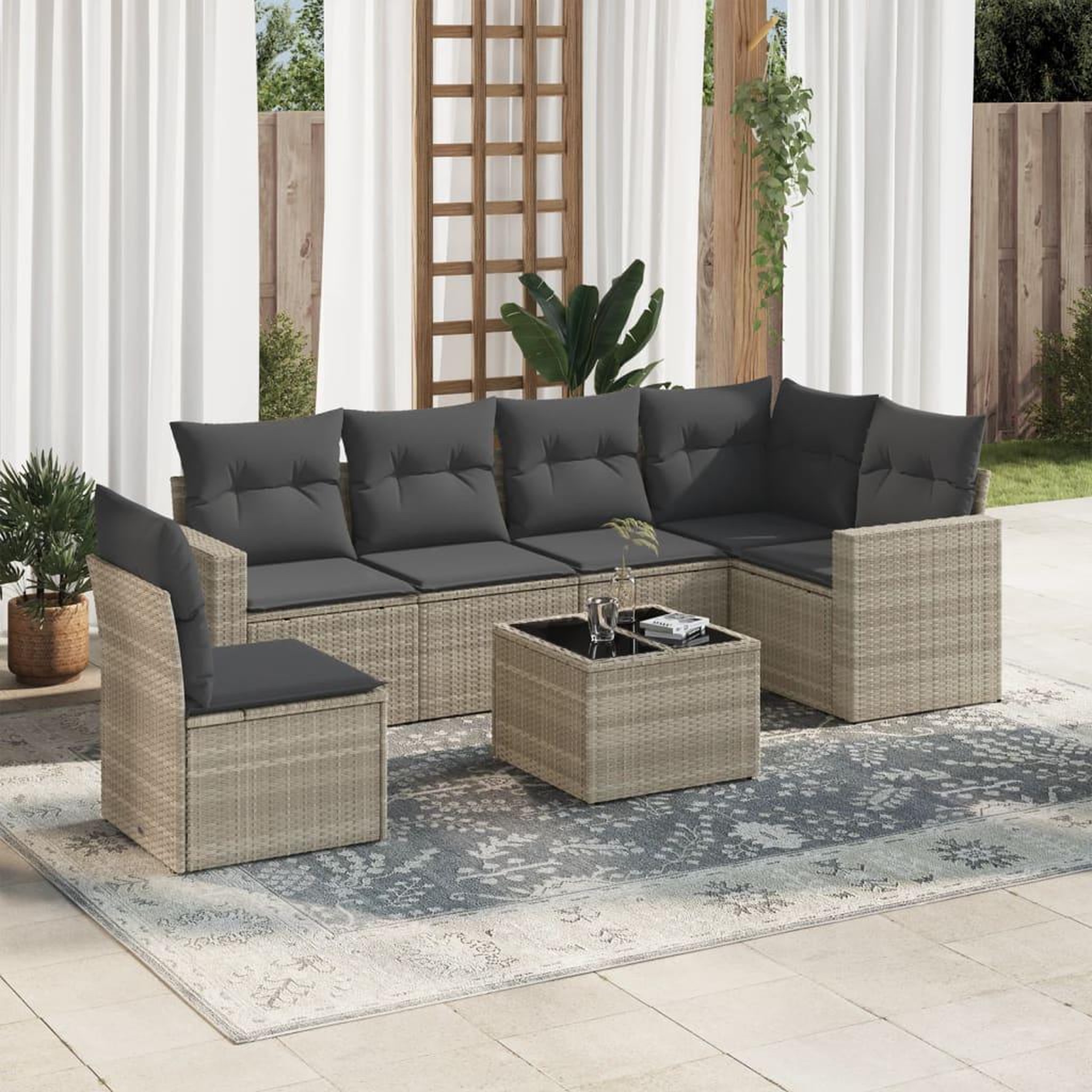 VIDAXL Salon de jardin avec coussins 7 pcs gris clair resine tressee