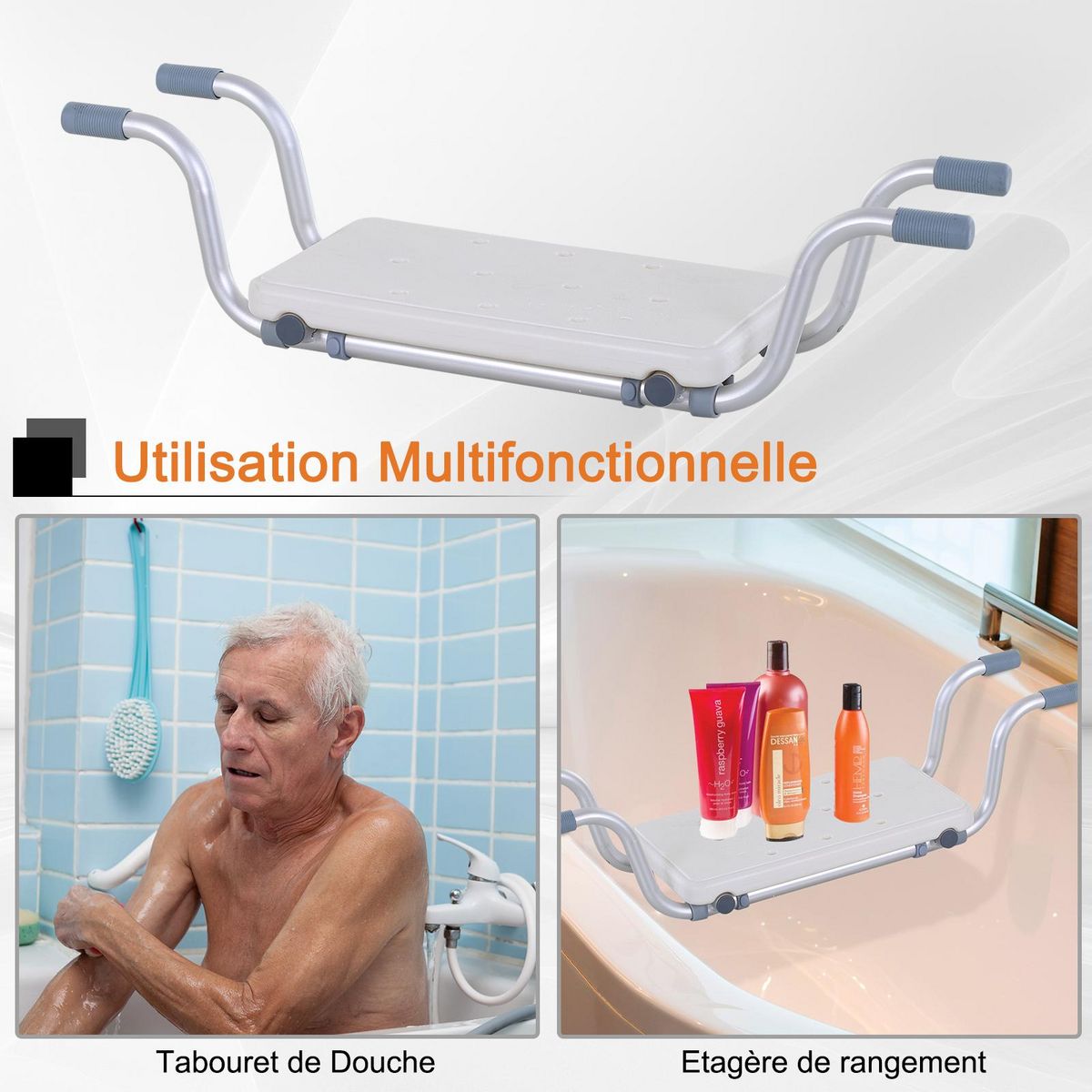 HOMCOM Siège de baignoire - siège de bain suspendu réglable - tabouret de salle de bain - dim. 71-81L x 22l x 18H cm - alu. HDPE blanc