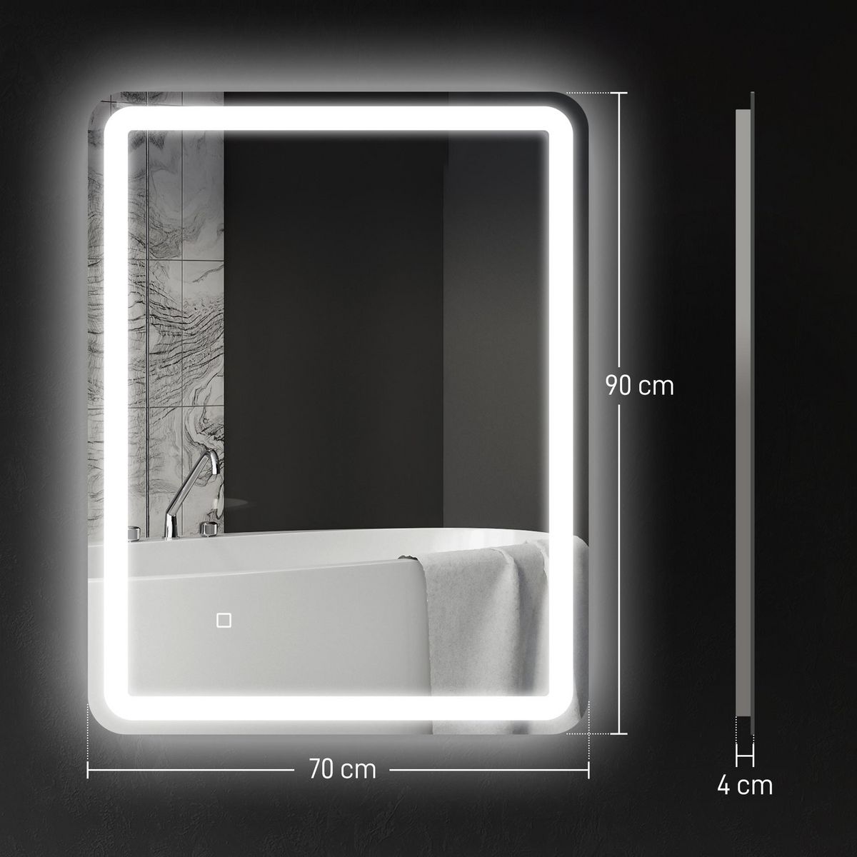 KLEANKIN Miroir lumineux LED salle de bain 70 x 90 cm lumière réglable 3 couleurs fonction anti-buée et mémoire