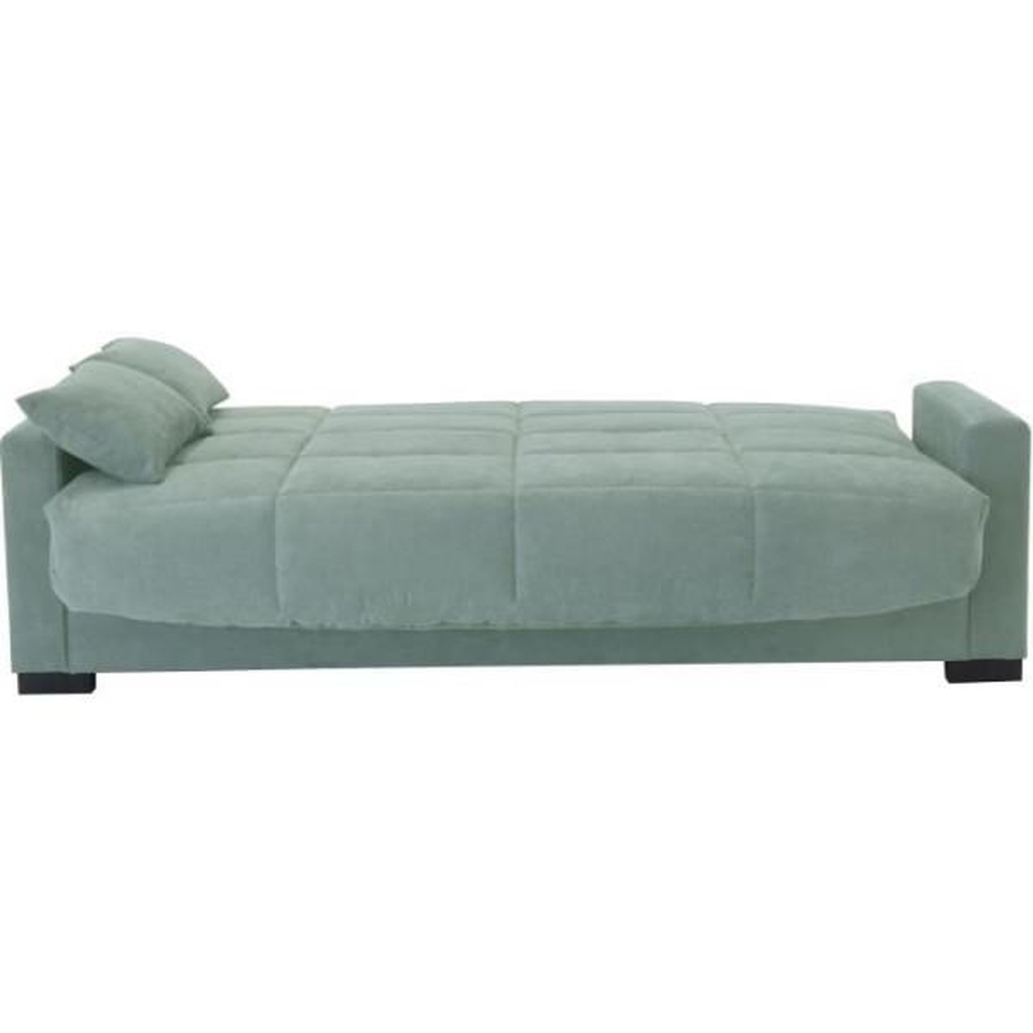 Voir la diapositive 4 : MARKET24 Clic clac 3 places MEGAN 14 - Tissu Soro vert amande - Avec accoudoirs - Couchage 130x190 cm - L223 x P96 x H103 cm