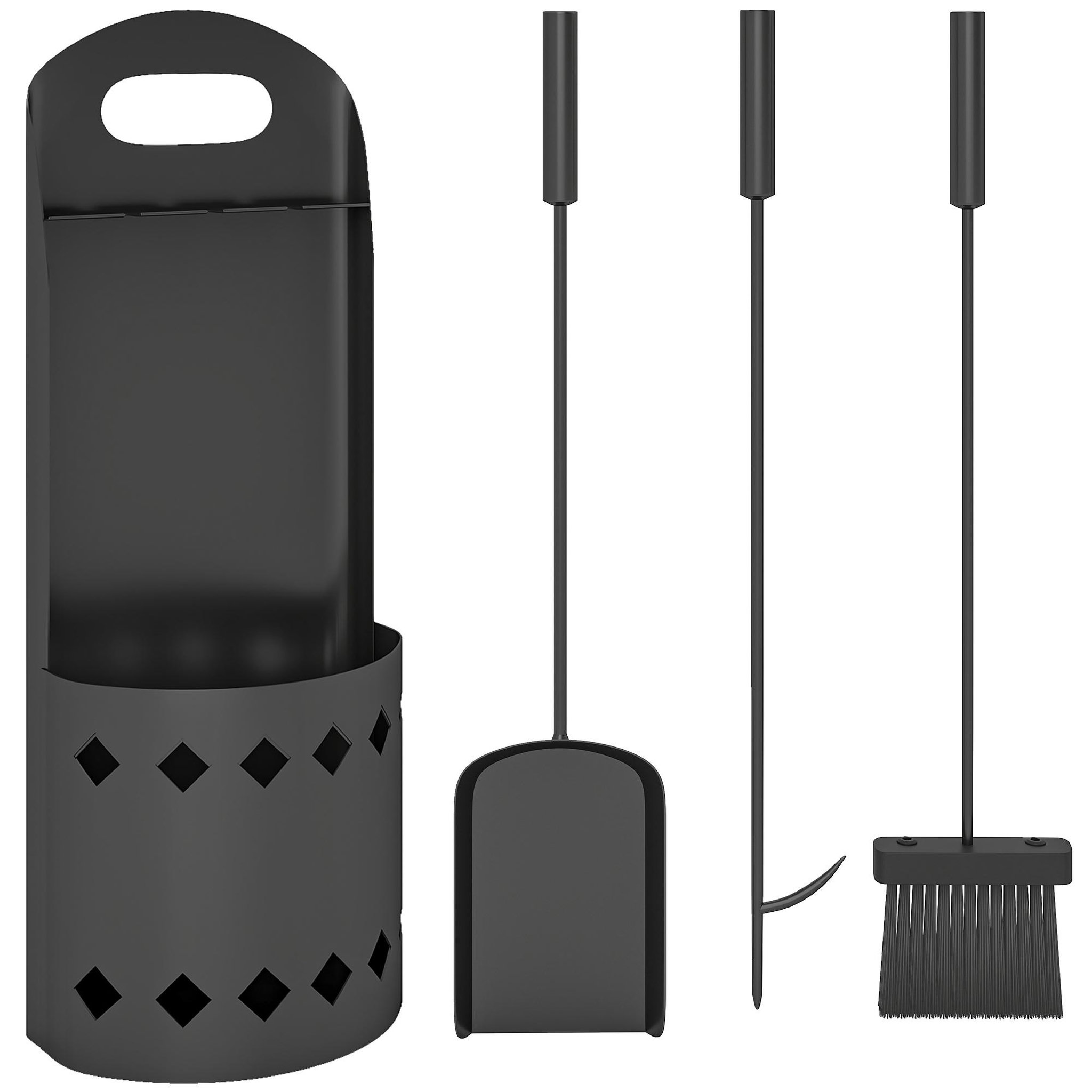 OUTSUNNY Ensemble serviteur de cheminée 4 pièces en métal - brosse, pelle, tisonnier - panier avec poignée inclus noir