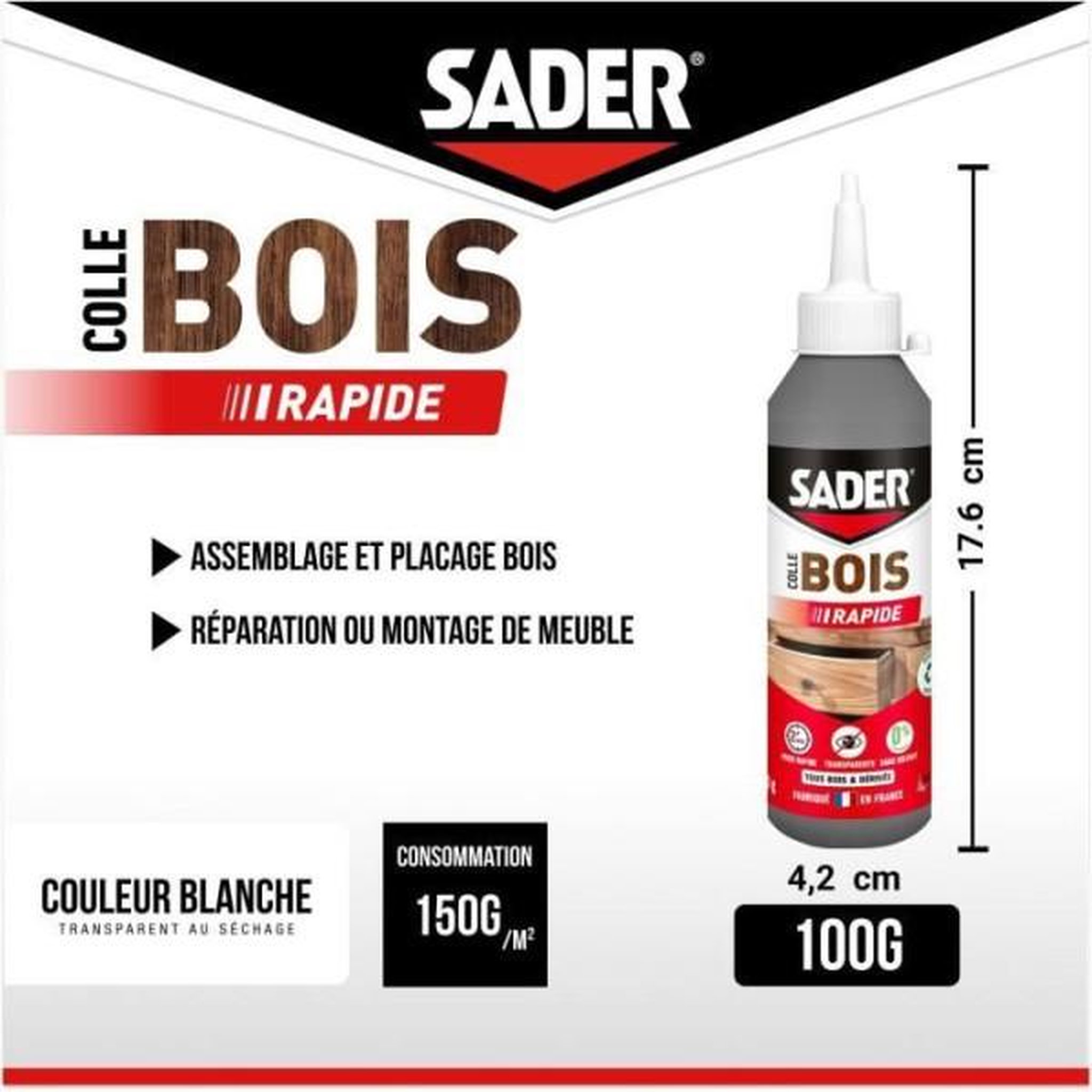Voir la diapositive 2 : Sader Colle bois - SADER - Prise rapide 2 min - Tous bois - Intérieur - Transparente apres séchage - Biberon 100 g