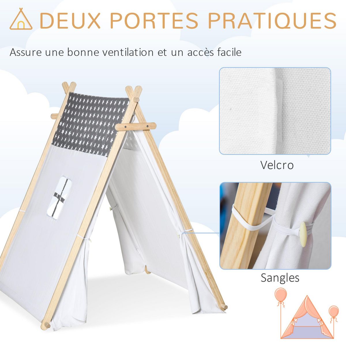 HOMCOM Tente teepee indien enfant motif étoiles - dim. 1,3L x 1,11I x 1,36H m - 2 portes refermables, fenêtre - structure bois, toile polyester coton gris blanc