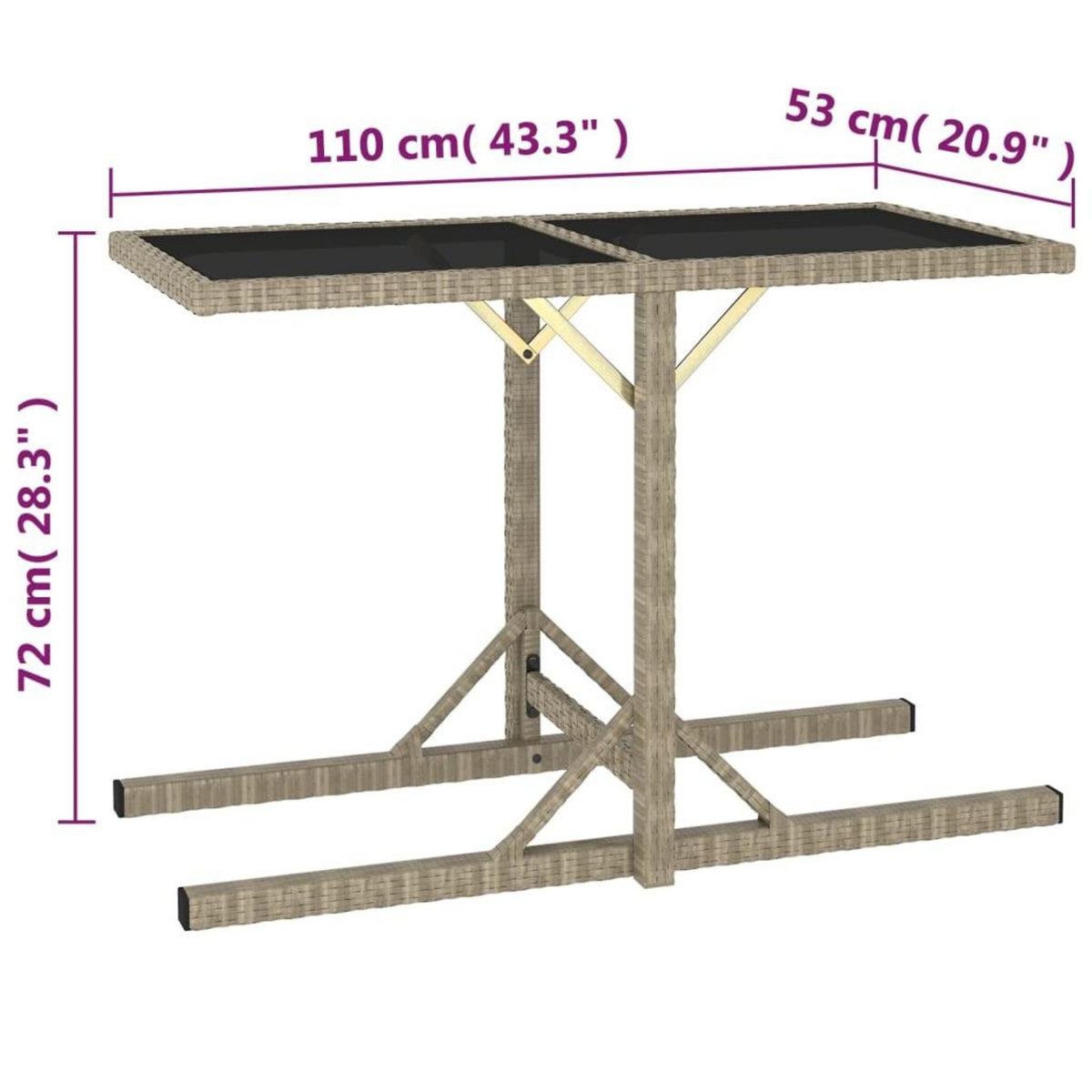 VIDAXL Table de jardin Beige 110x53x72 cm Verre et resine tressee