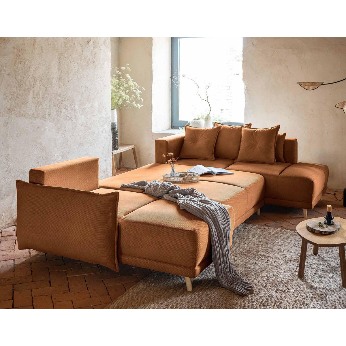 BEST MOBILIER Lena - canapé panoramique d'angle droit 7 places - convertible avec coffre - en velours côtelé