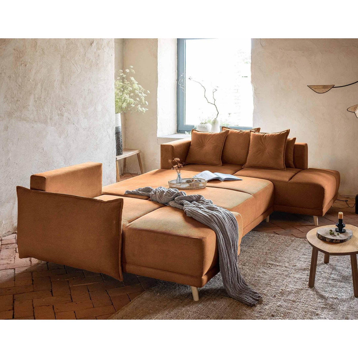 BEST MOBILIER Lena - canapé panoramique d'angle droit 7 places - convertible avec coffre - en velours côtelé