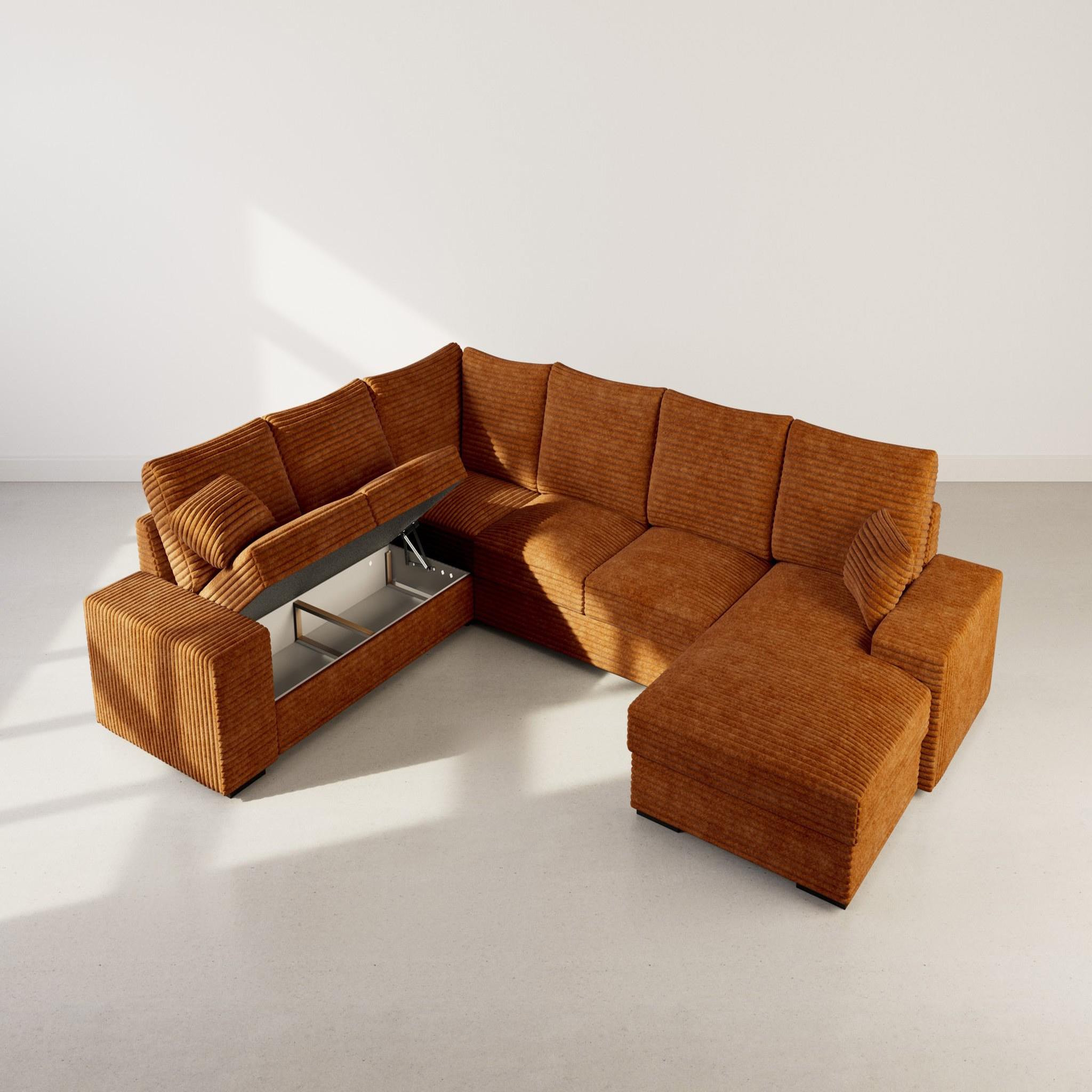 Voir la diapositive 3 : BEST MOBILIER Lorie - canapé panoramique d'angle gauche 7 places convertible en velours côtelé grosse côte avec coffre