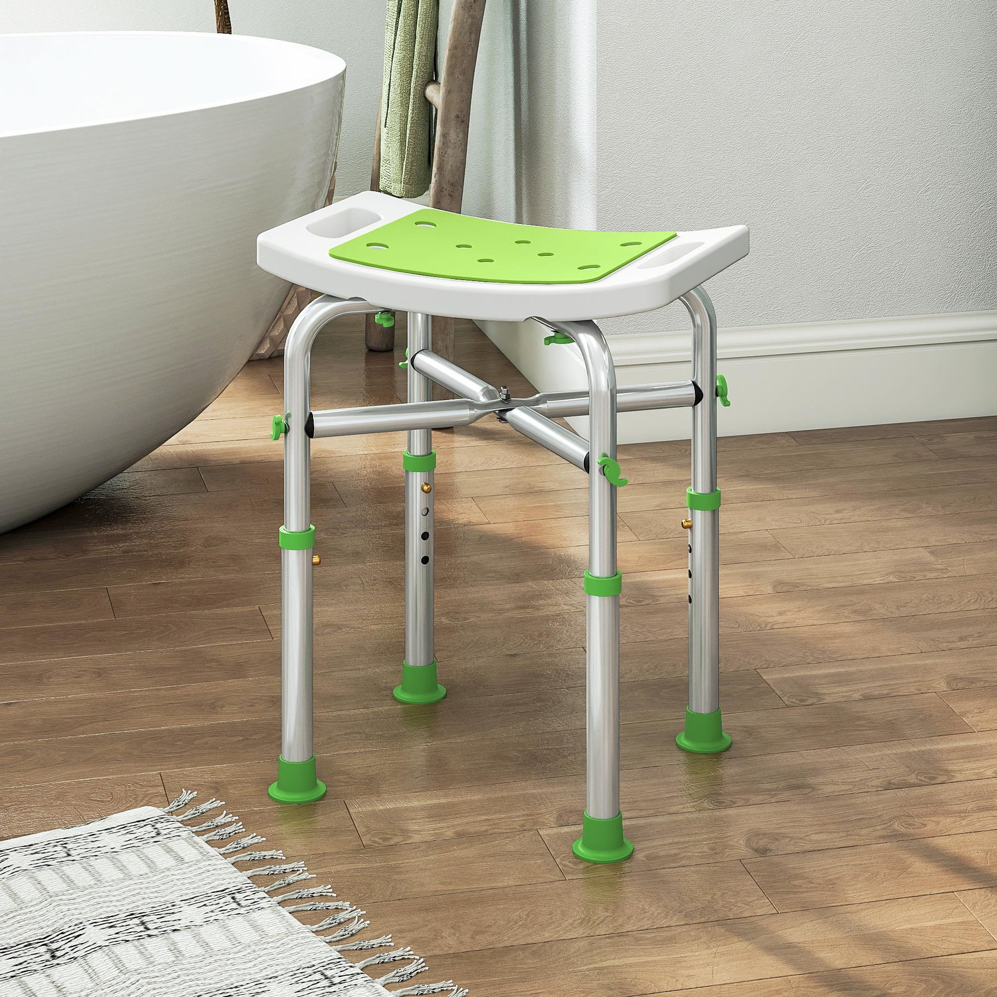 Voir la diapositive 4 : HOMCOM Siège de douche réglable en hauteur tabouret de douche ergonomique pieds antidérapants charge max. 150 kg alu hdpe blanc vert