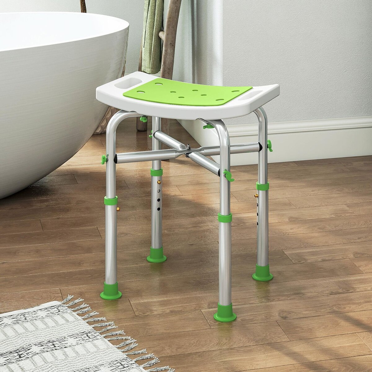 HOMCOM Siège de douche réglable en hauteur tabouret de douche ergonomique pieds antidérapants charge max. 150 Kg alu HDPE blanc vert