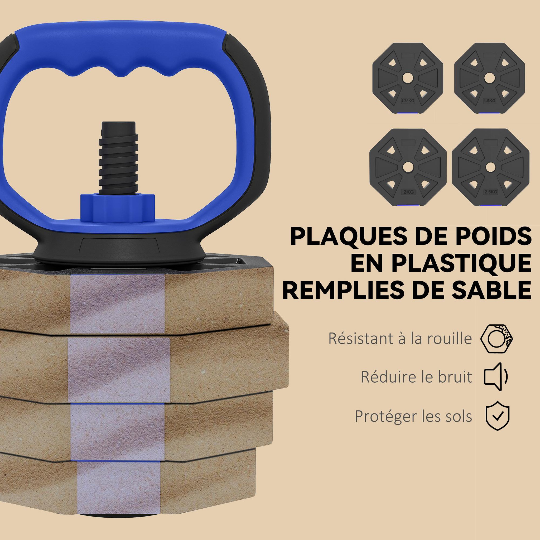 Voir la diapositive 6 : HOMCOM Ensemble d'haltères musculation multifonction 4 en 1 - haltères, kettlebell, push-up support, olympic barre - total 30kg - pvc bleu noir