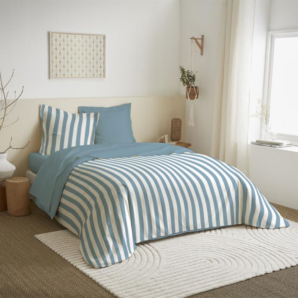 COTON PUR Parure de draps 4 pièces pour lit 160 x 200 cm  Grande largeur  Anatole azur