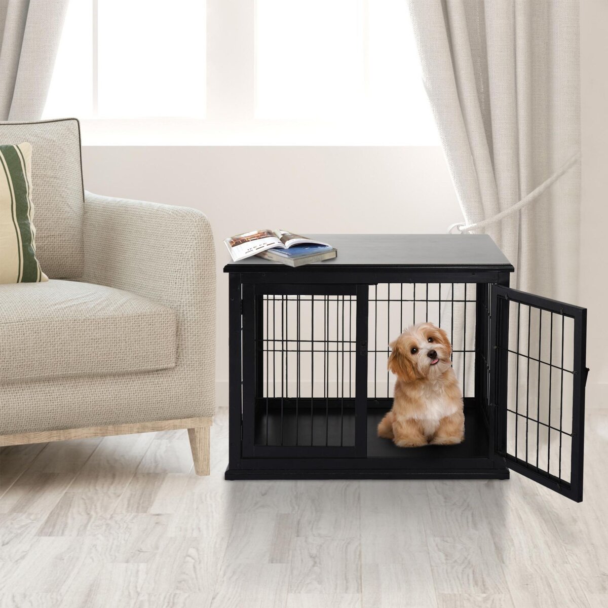 PAWHUT Cage pour chien animaux cage en bois MDF classe E1 3 portes verrouillables max. 30 Kg dim. 81L x 58l x 66H cm noir