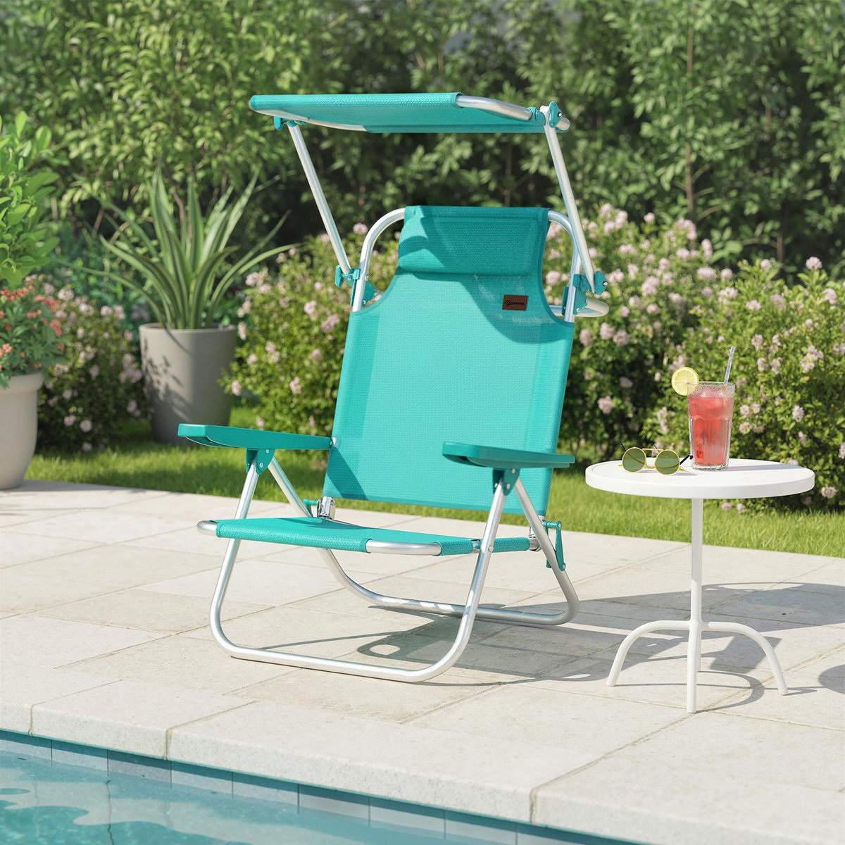 OUTSUNNY Chaise de plage pliable inclinable avec pare-soleil turquoise
