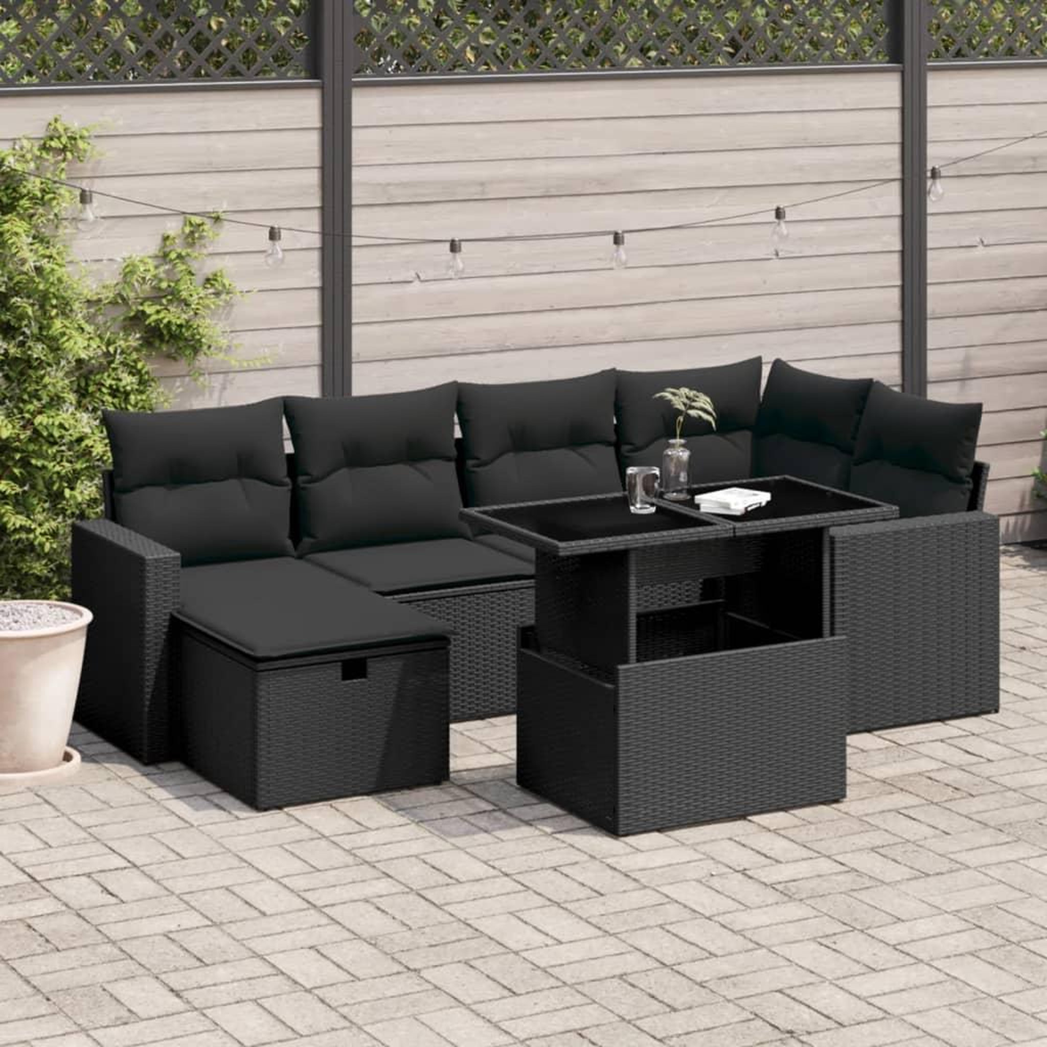 VIDAXL Salon de jardin 7 pcs avec coussins noir resine tressee