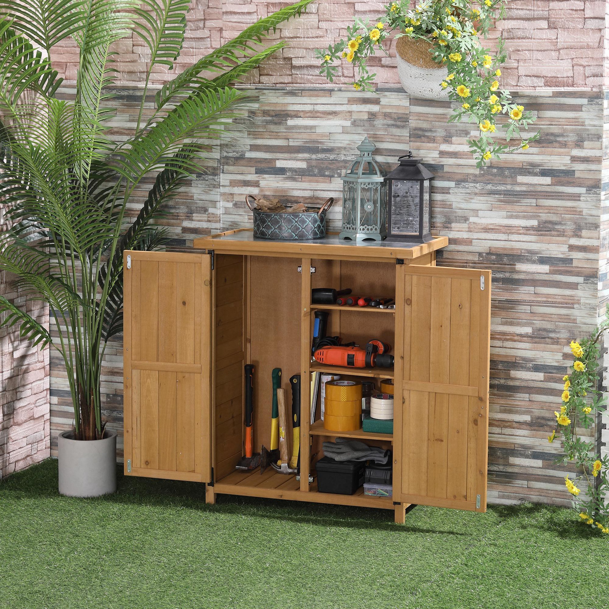 Voir la diapositive 2 : OUTSUNNY Abri de jardin armoire de jardin remise pour outils sur pied dim. 75L x 40l x 90H cm 3 étagères 2 portes toit tôle bois sapin pré-huilé