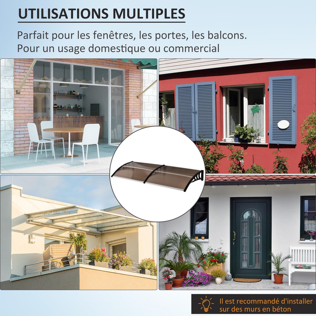 OUTSUNNY Auvent marquise de porte design voûté arrondi dim. 195L x 80l x 23H cm polycarbonate plastique