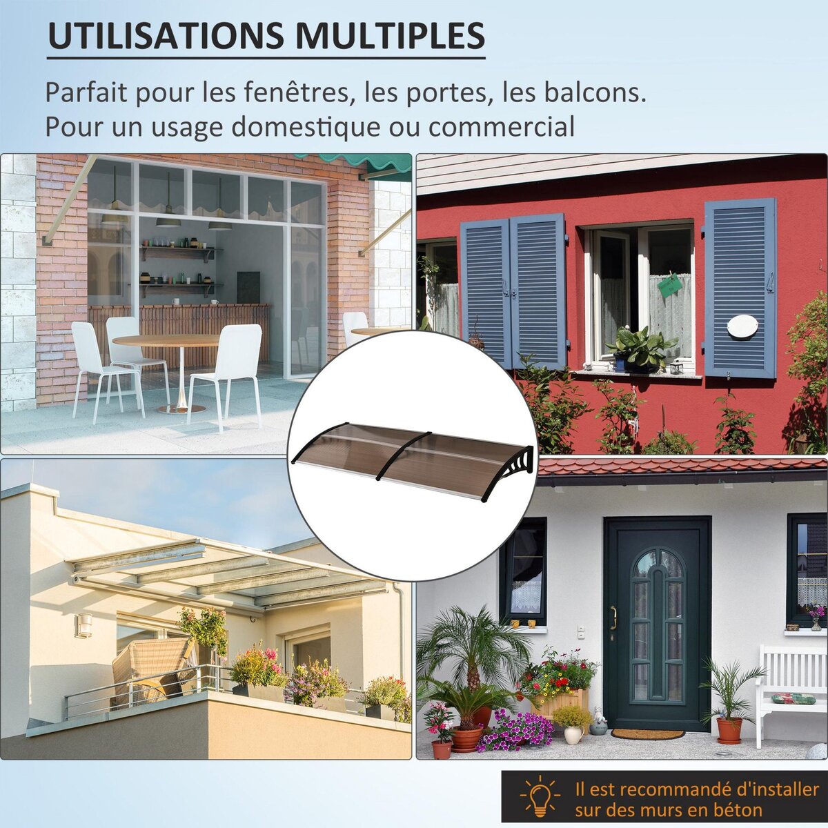 OUTSUNNY Auvent marquise de porte design voûté arrondi dim. 195L x 80l x 23H cm polycarbonate plastique