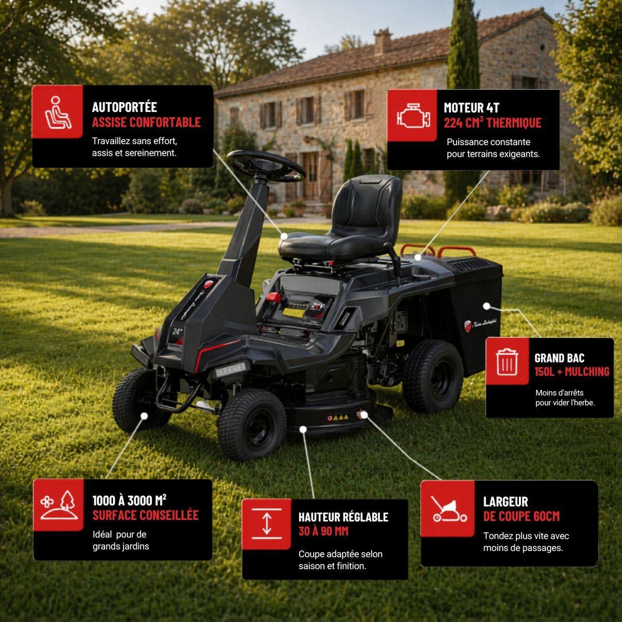 Voir la diapositive 2 : Lamborghini Tracteur tondeuse thermique autoportée essence 7cv 224cm3 4 vitesses + 1 mulching ejection latérale lamborghini
