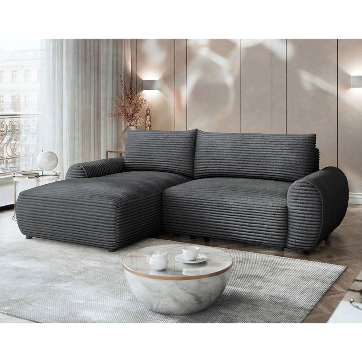 BEST MOBILIER Silvano - canapé d'angle gauche 4 places convertible avec coffre en velours côtelé grosses côtes