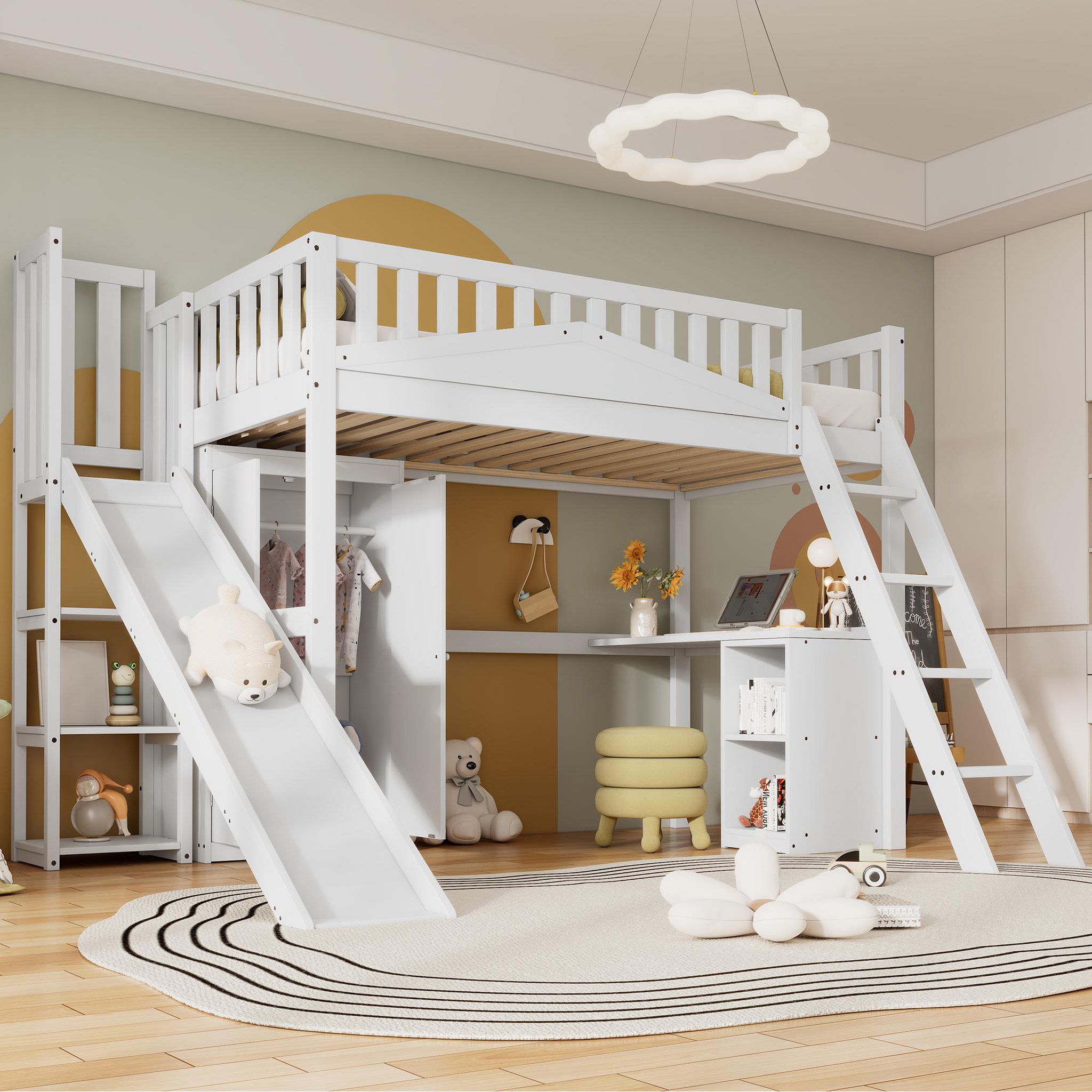 Voir la diapositive 4 : MERAX Lit combiné enfant 90x200cm bois et mdf coloris blanc