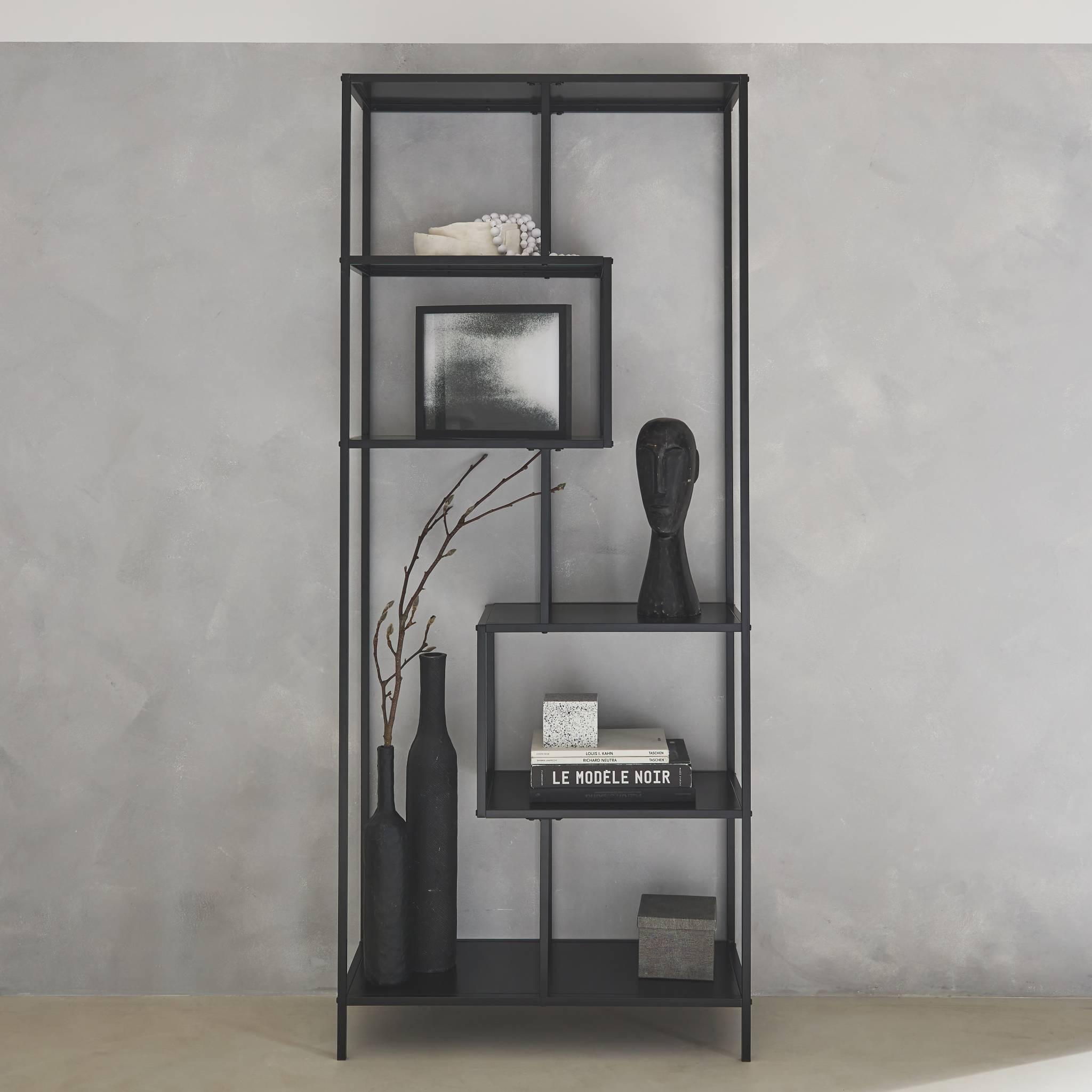 Voir la diapositive 3 : SWEEEK Etagère bibliothèque asymétrique 6 étages en métal noir INDUSTRIELLE L 77 x P 33 x H 185cm