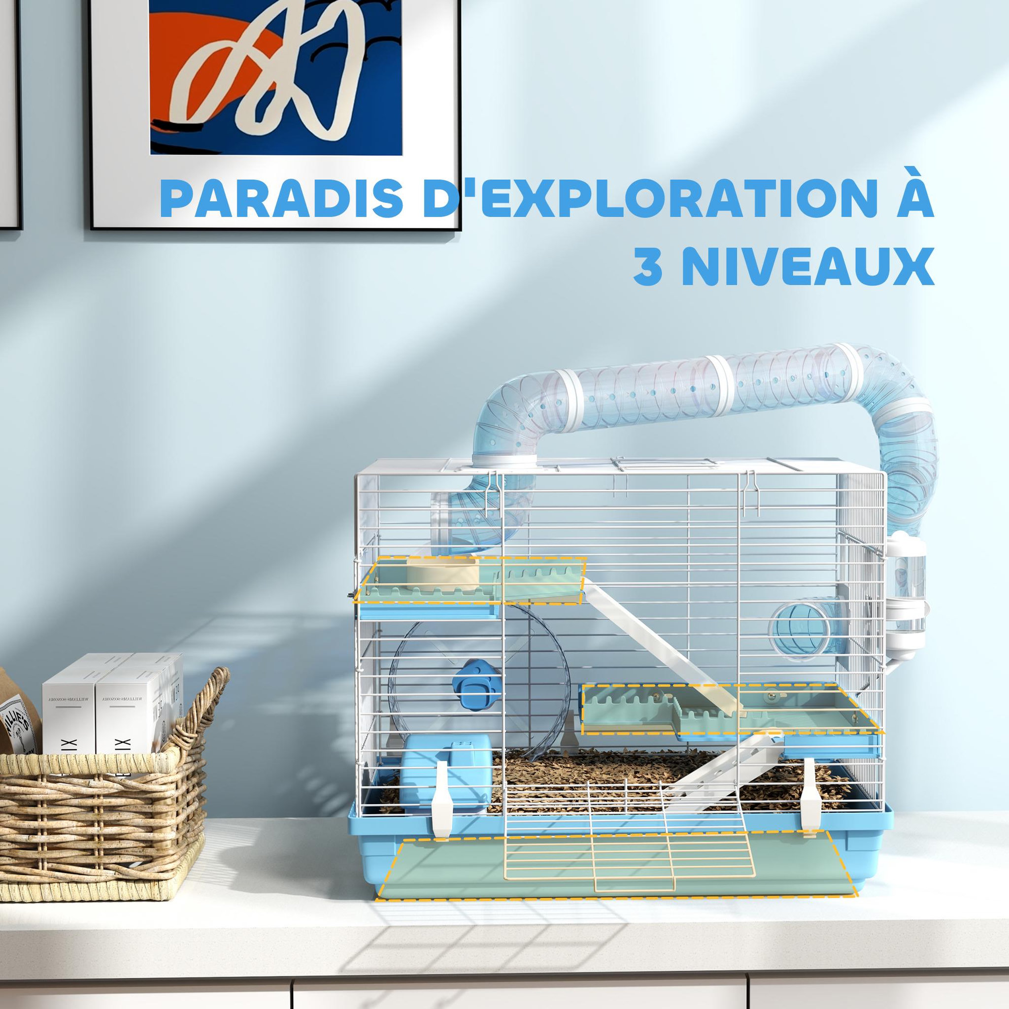Voir la diapositive 5 : PAWHUT Cage pour hamster portable 2 portes 2 étages nombreux accessoires et tubes blanc bleu