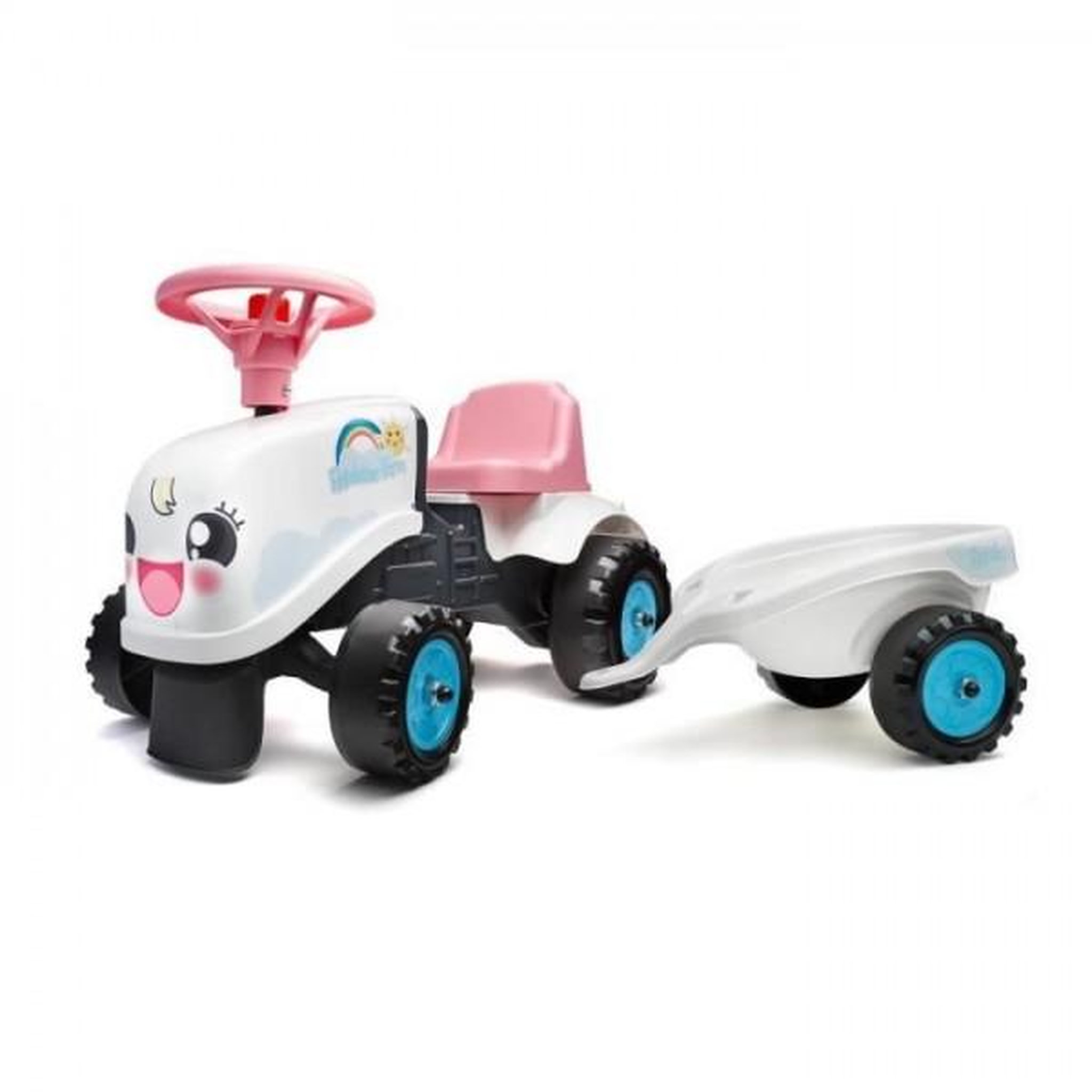 FALK Porteur Trotteur  Tracteur Rainbow Farm avec remorque - FALK - Pour filles des 1 an - Formes rondes et couleurs pastels