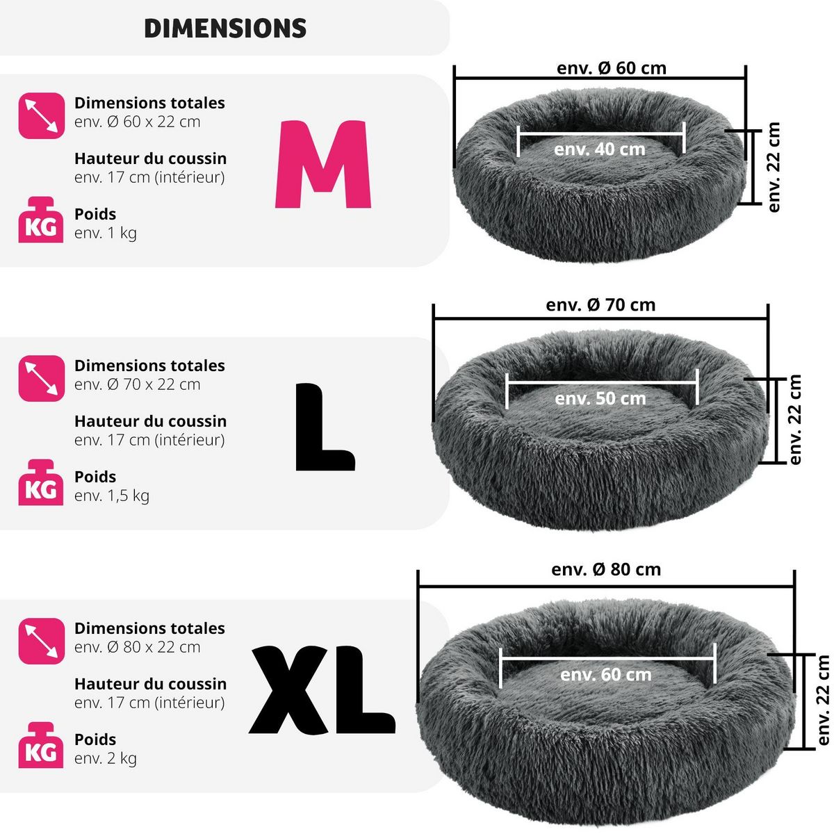 tectake Panier pour chien rond avec maille peluche longue gris Ø 60 cm