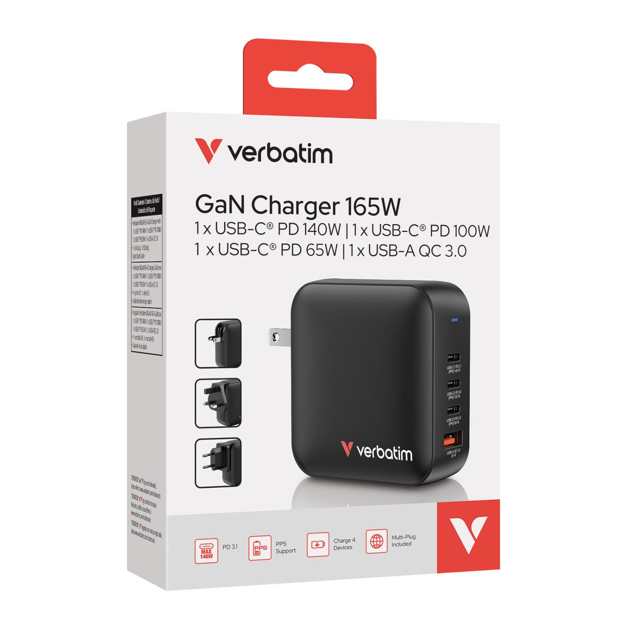 Voir la diapositive 2 : Verbatim Verbatim GaN Charger 165W Universel Noir Secteur Charge rapide Intérieure