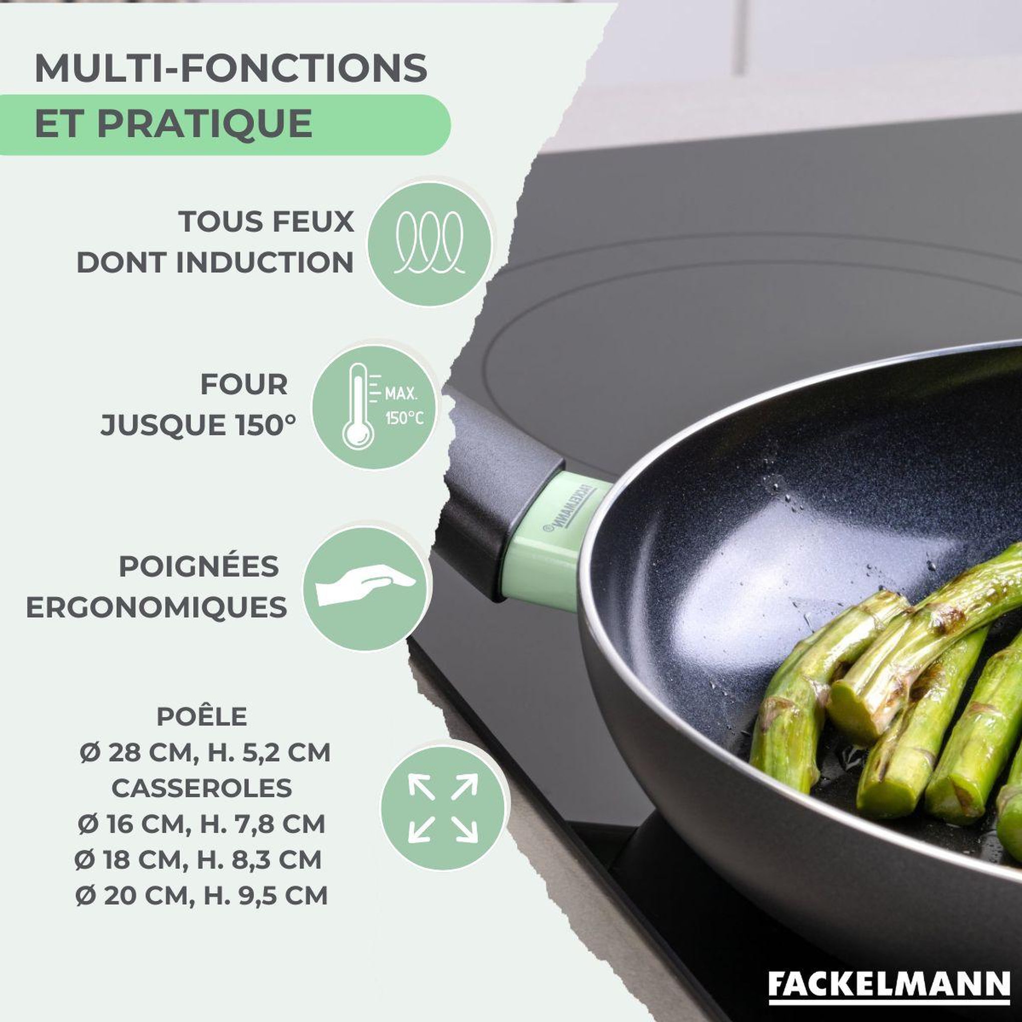 Voir la diapositive 3 : Fackelmann Batterie de cuisine avec 1 poêle 28 cm et 3 casseroles 16/18/20 cm et 5 ustensiles de cuisine fackelmann brandao vario