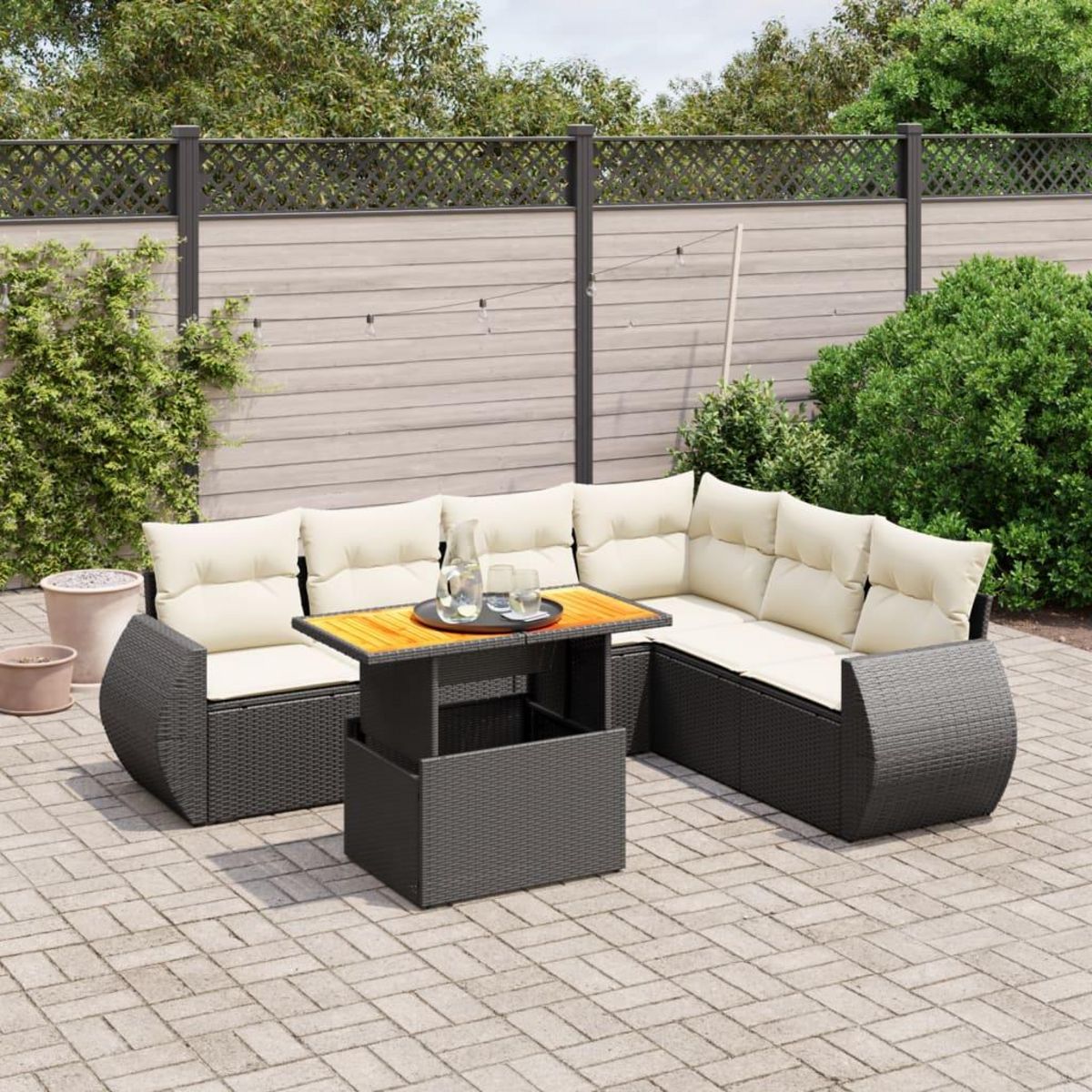 VIDAXL Salon de jardin 7 pcs avec coussins noir resine tressee
