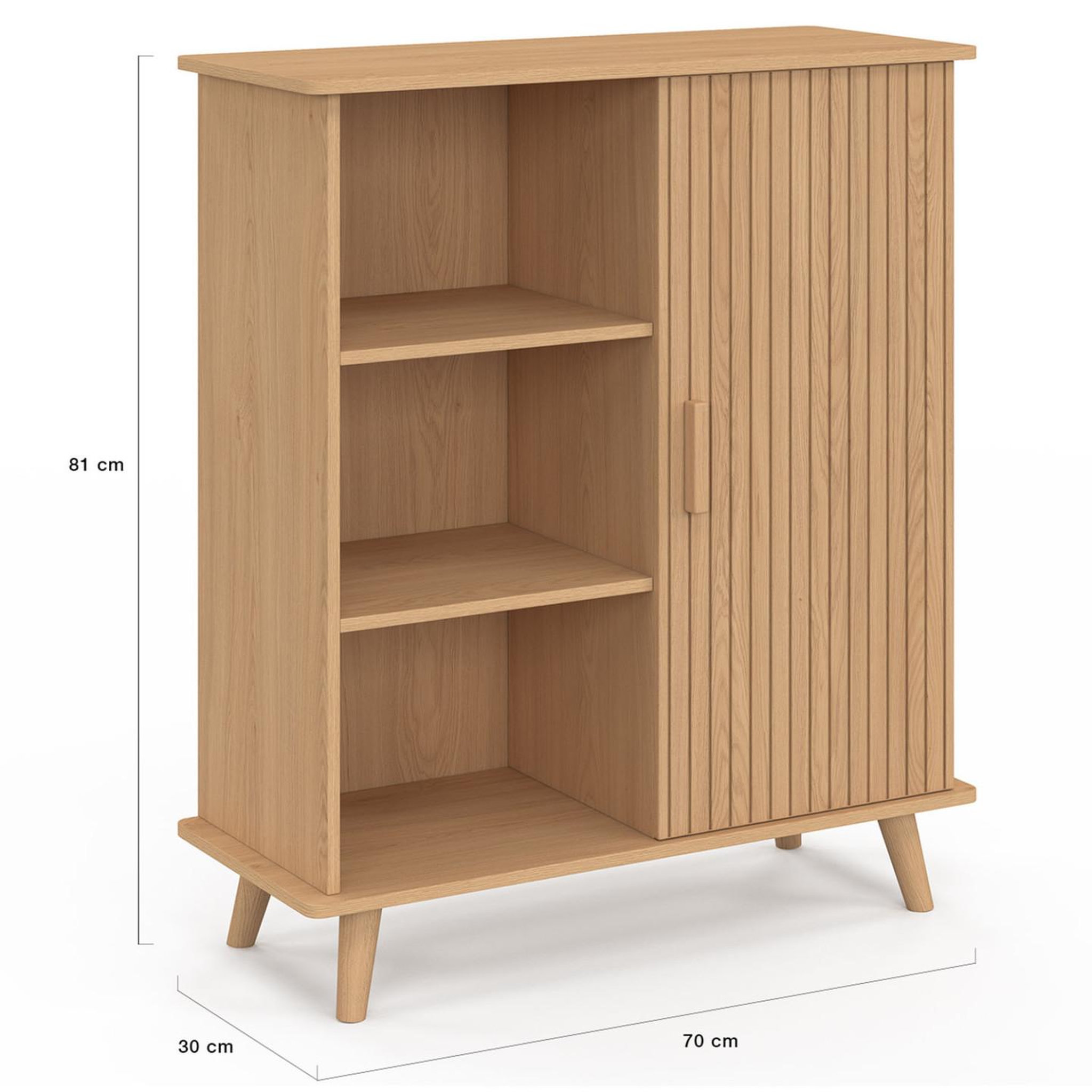Voir la diapositive 5 : ID MARKET Buffet d'appoint 3 étagères et placard 70 cm juliette effet lattes tasseau bois