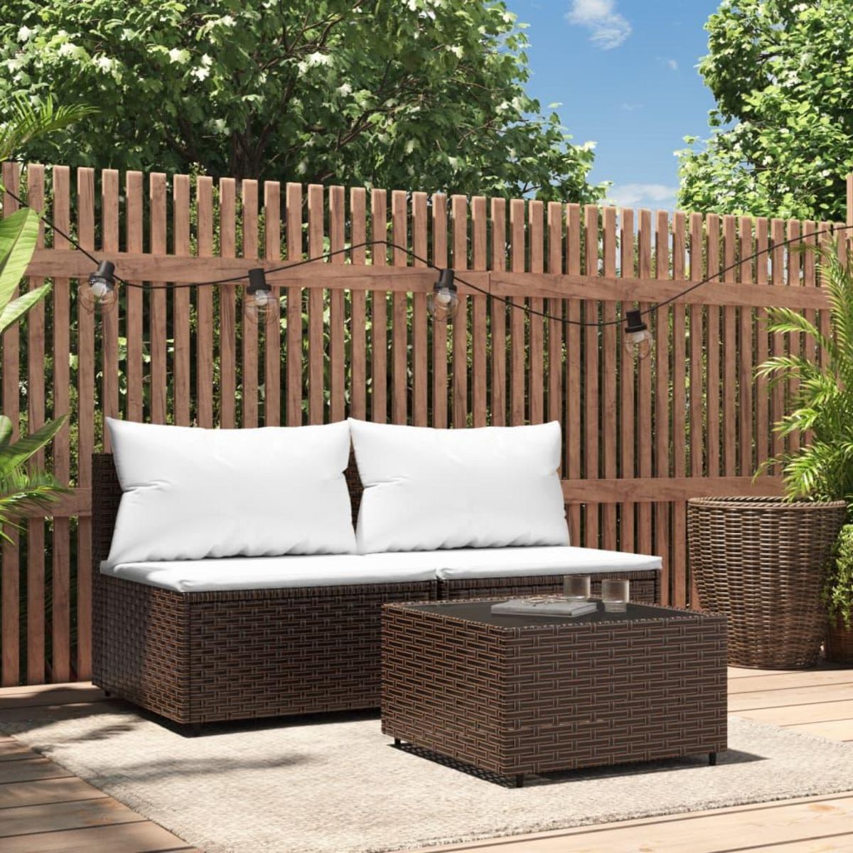 VIDAXL Salon de jardin 3 pcs avec coussins marron resine tressee