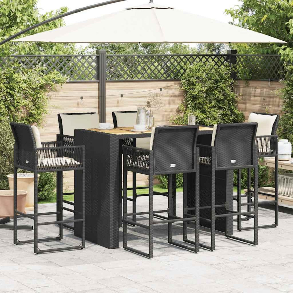 VIDAXL Ensemble de bar de jardin 7 pcs avec coussins noir poly rotin