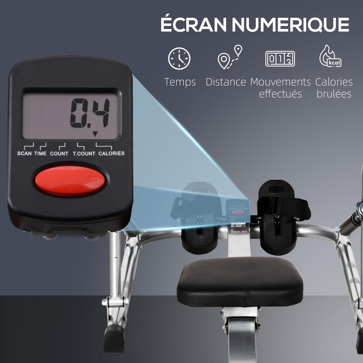 HOMCOM Rameur d'appartement pliable - 3 niveaux de résistance écran LCD multifonction - acier ABS noir gris